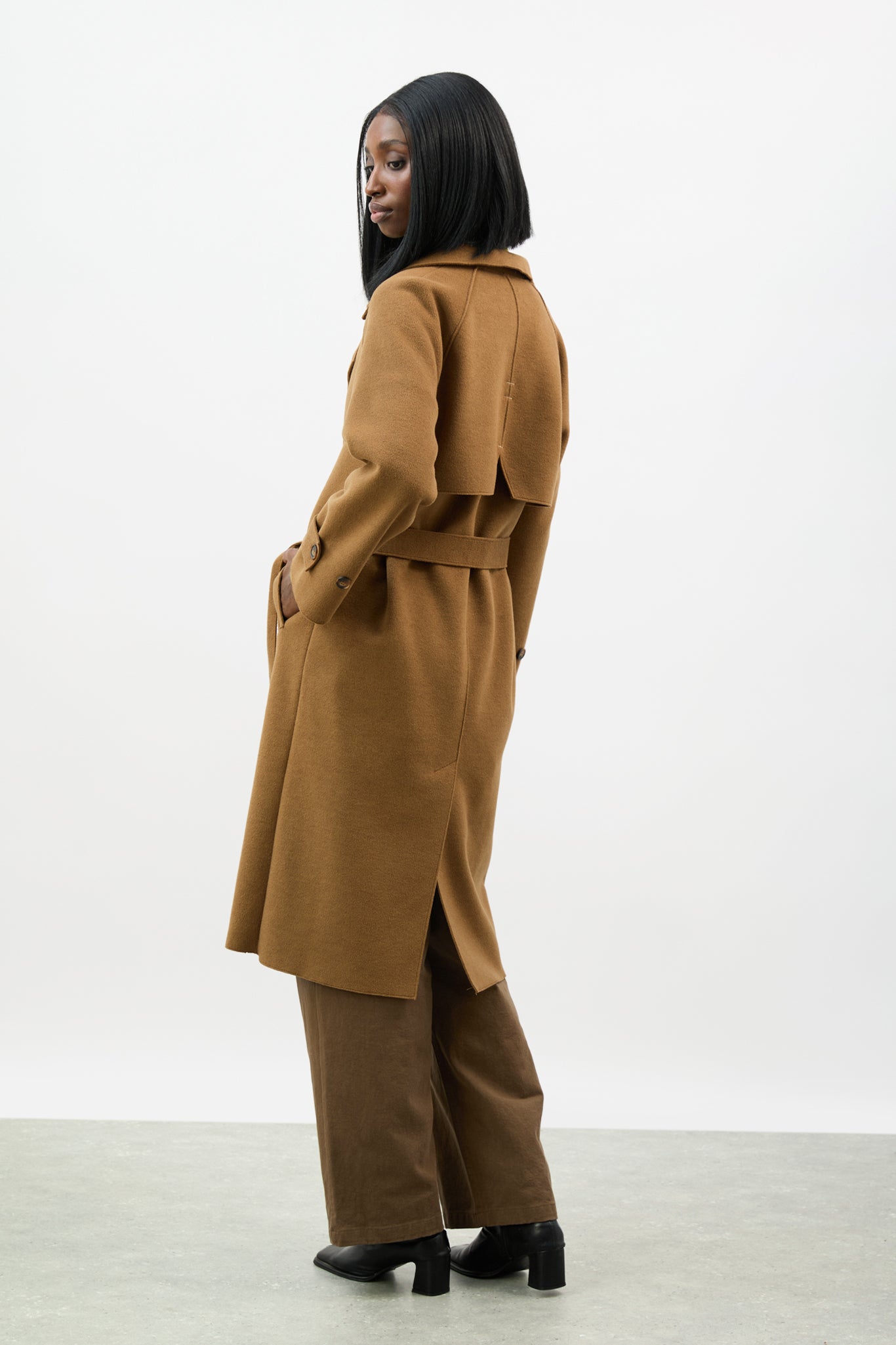 Camel pure wool large collar belted coat_3