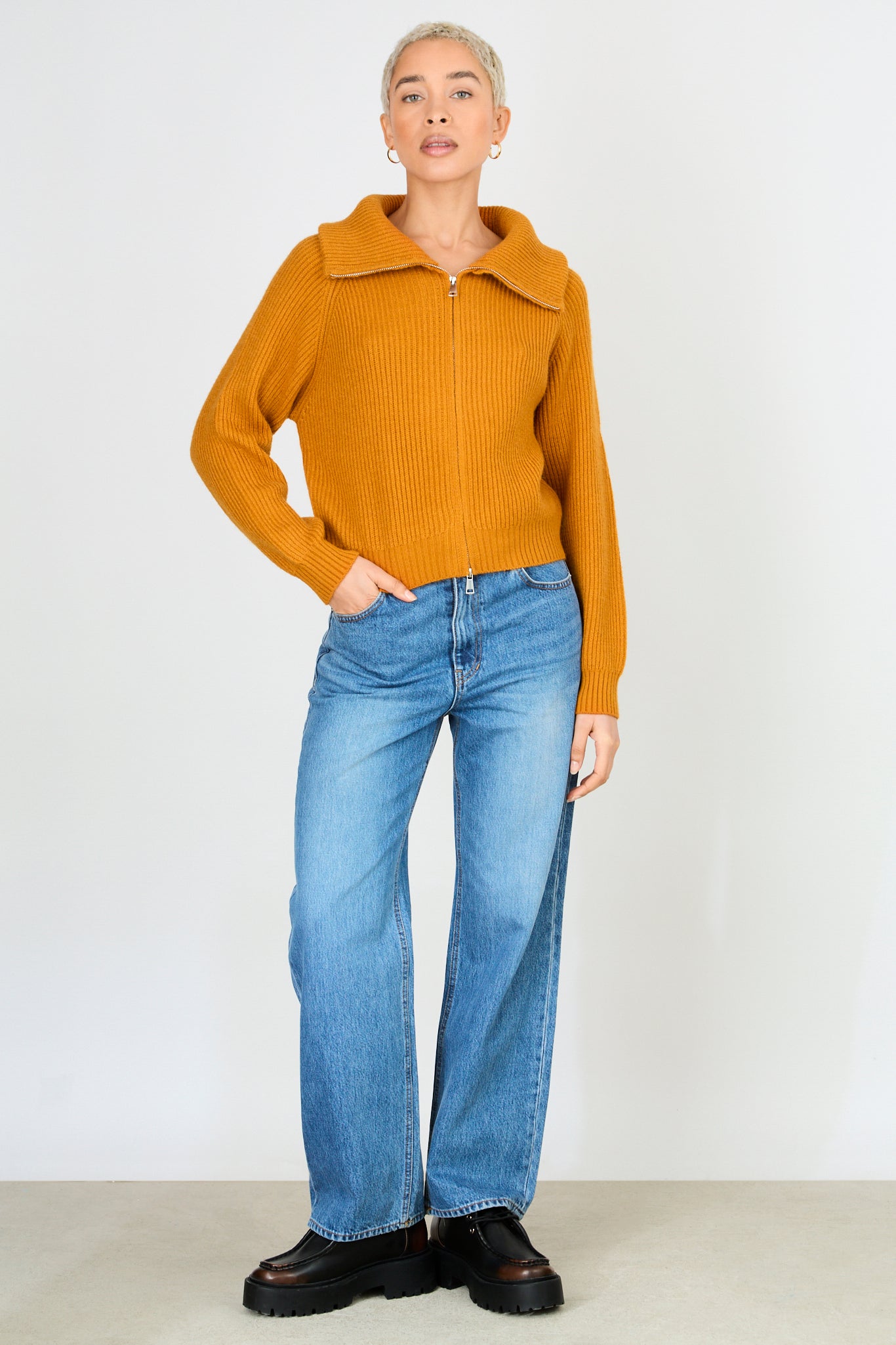 Camel ribbed large collar double zip cardigan_5