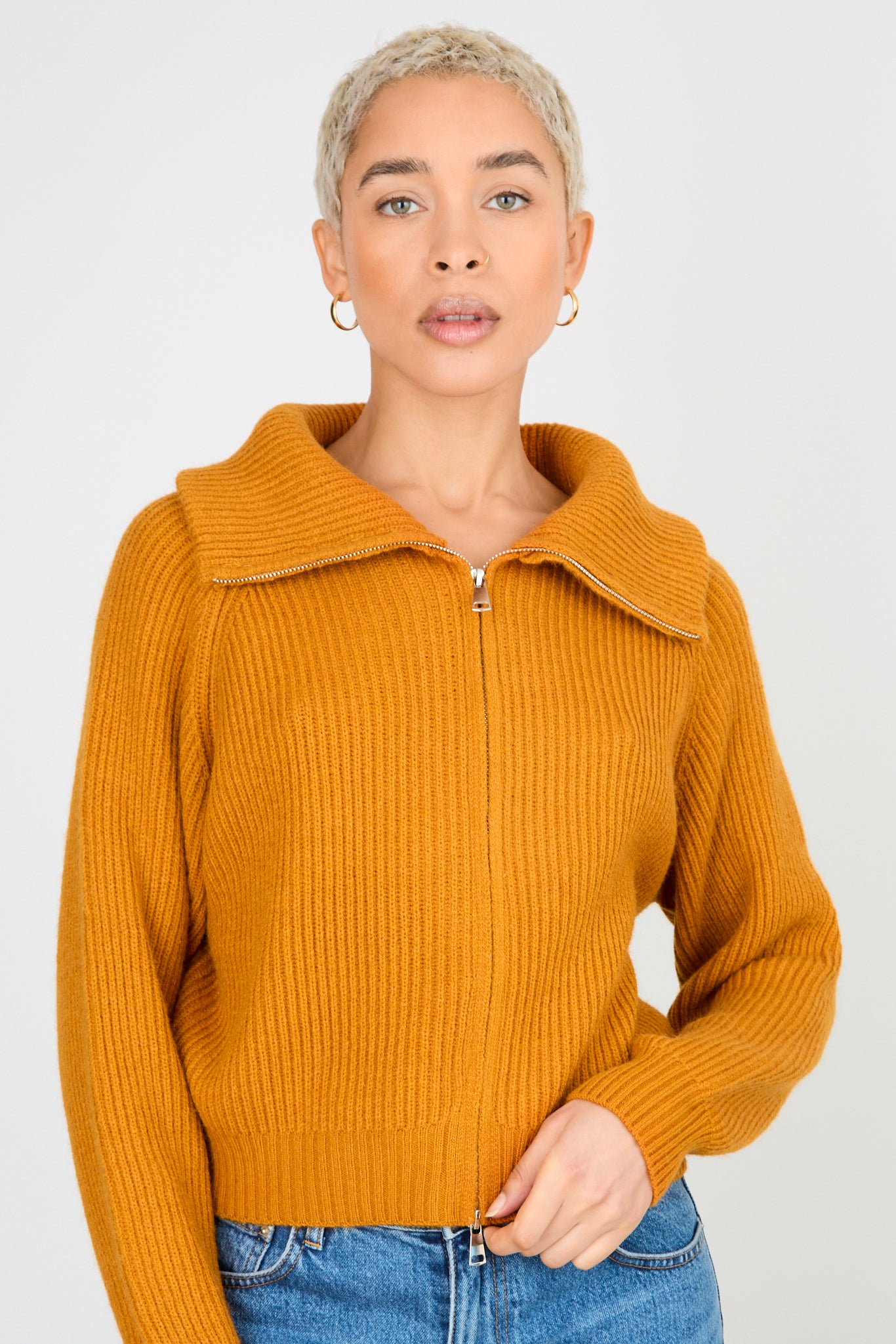 Camel ribbed large collar double zip cardigan_1