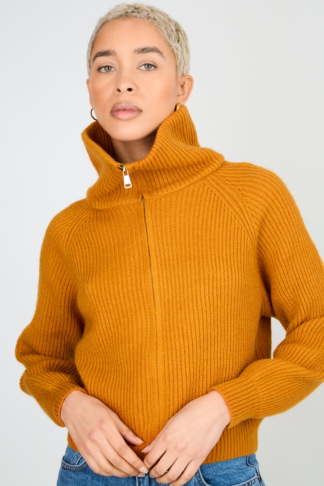 Camel ribbed large collar double zip cardigan_3