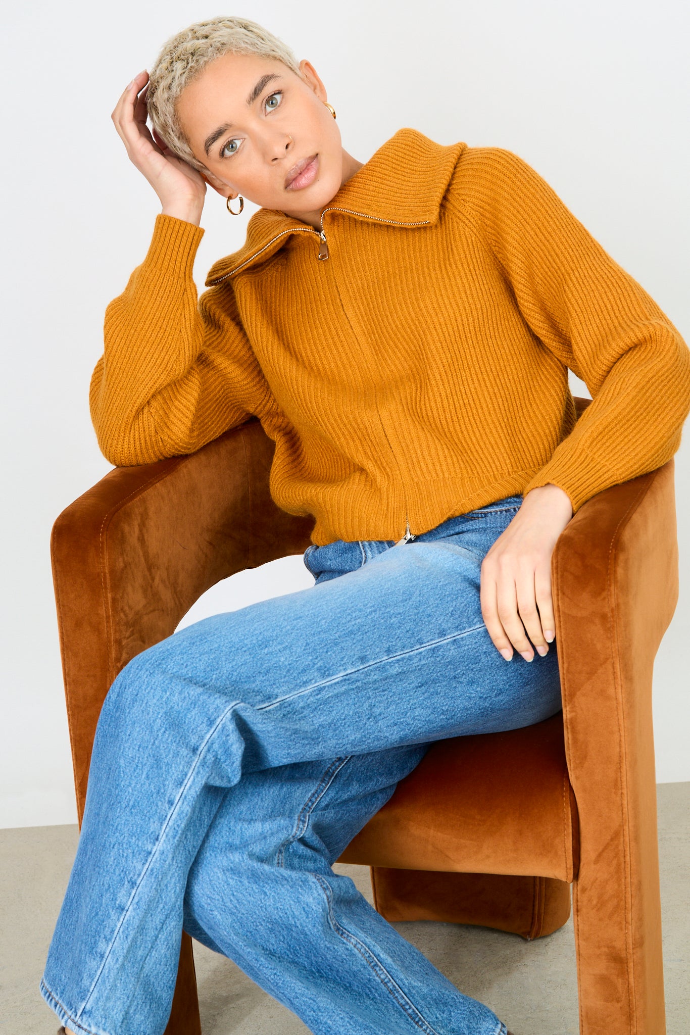 Camel ribbed large collar double zip cardigan_6