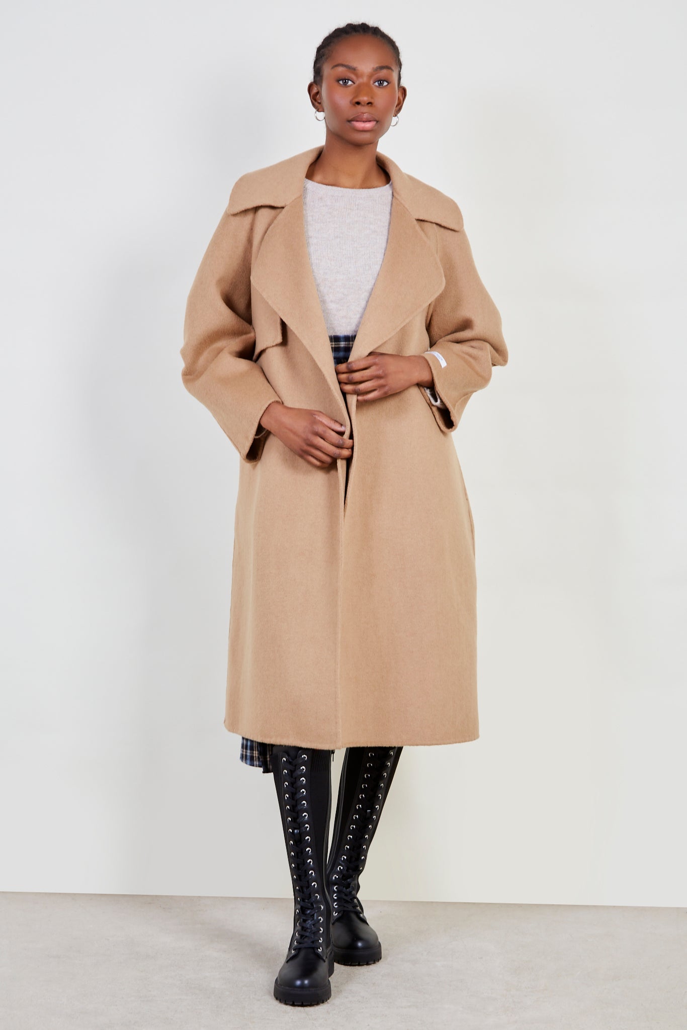 Camel pure wool handmade belted shawl coat_1