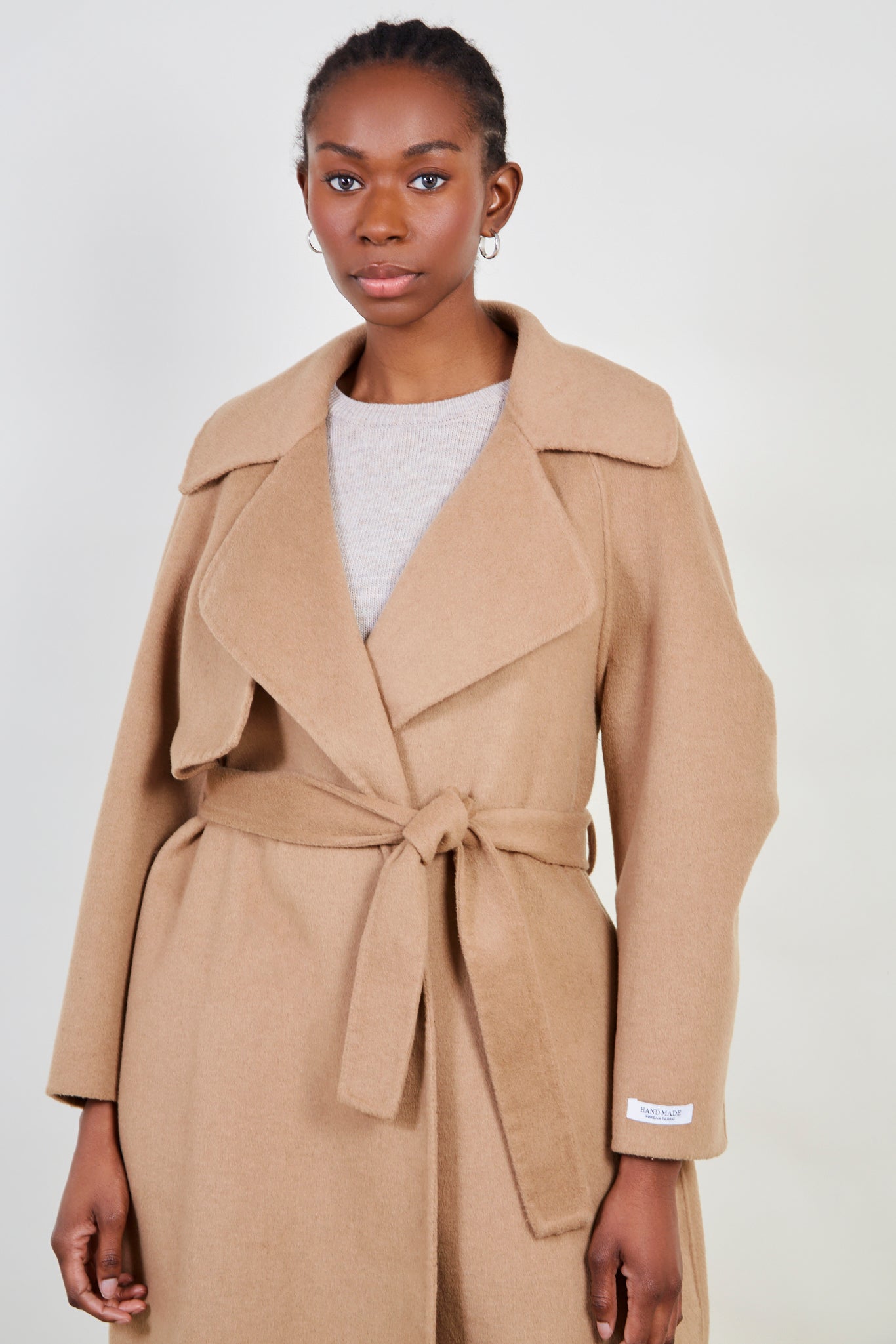 Camel pure wool handmade belted shawl coat_3