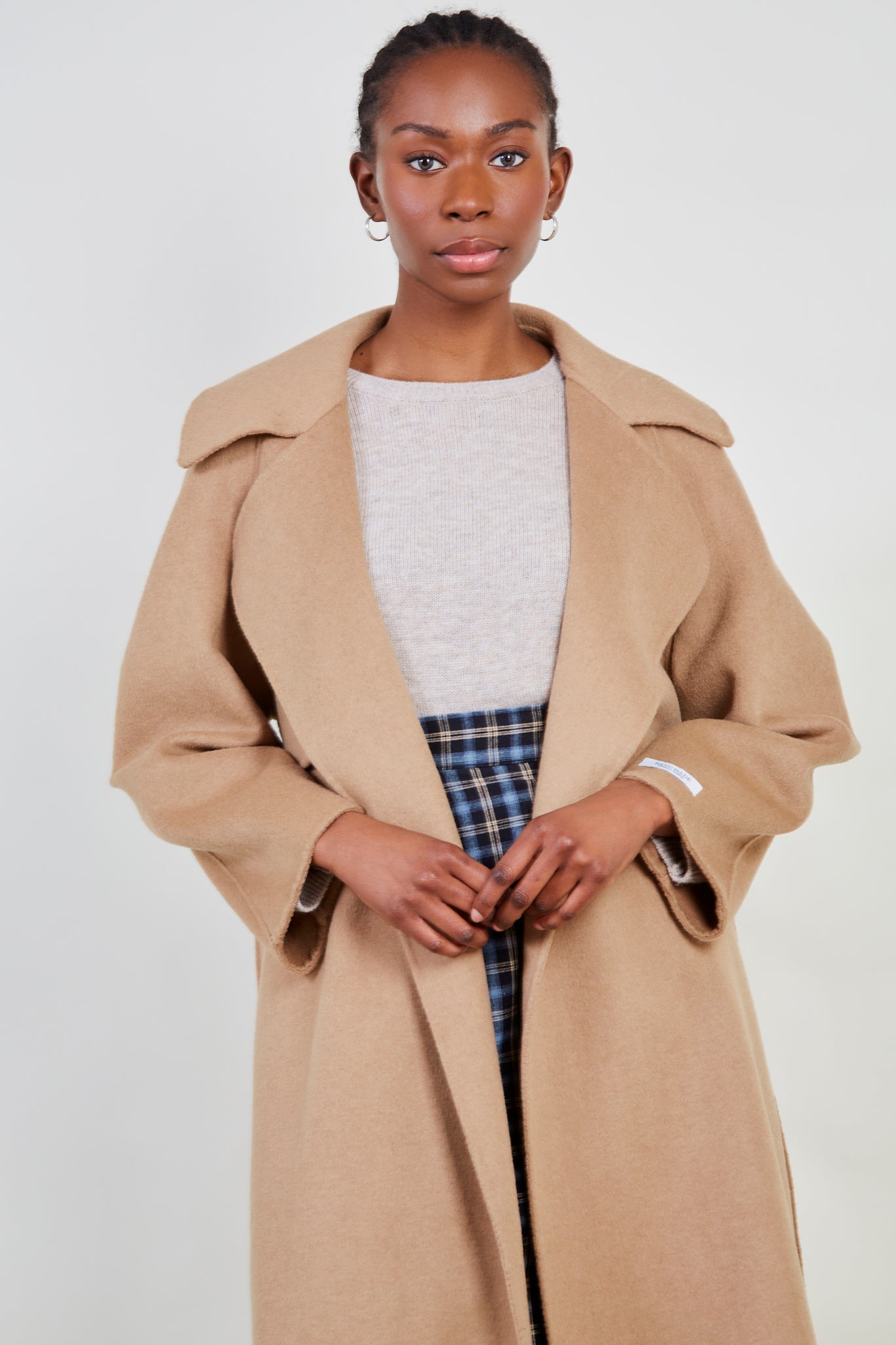 Camel pure wool handmade belted shawl coat_5