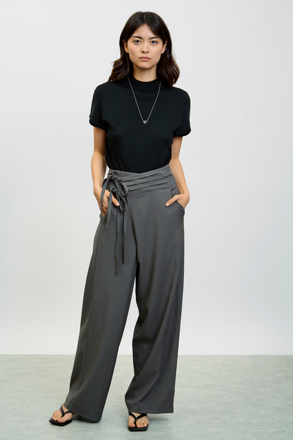 Charcoal asymmetric tie up trousers_4