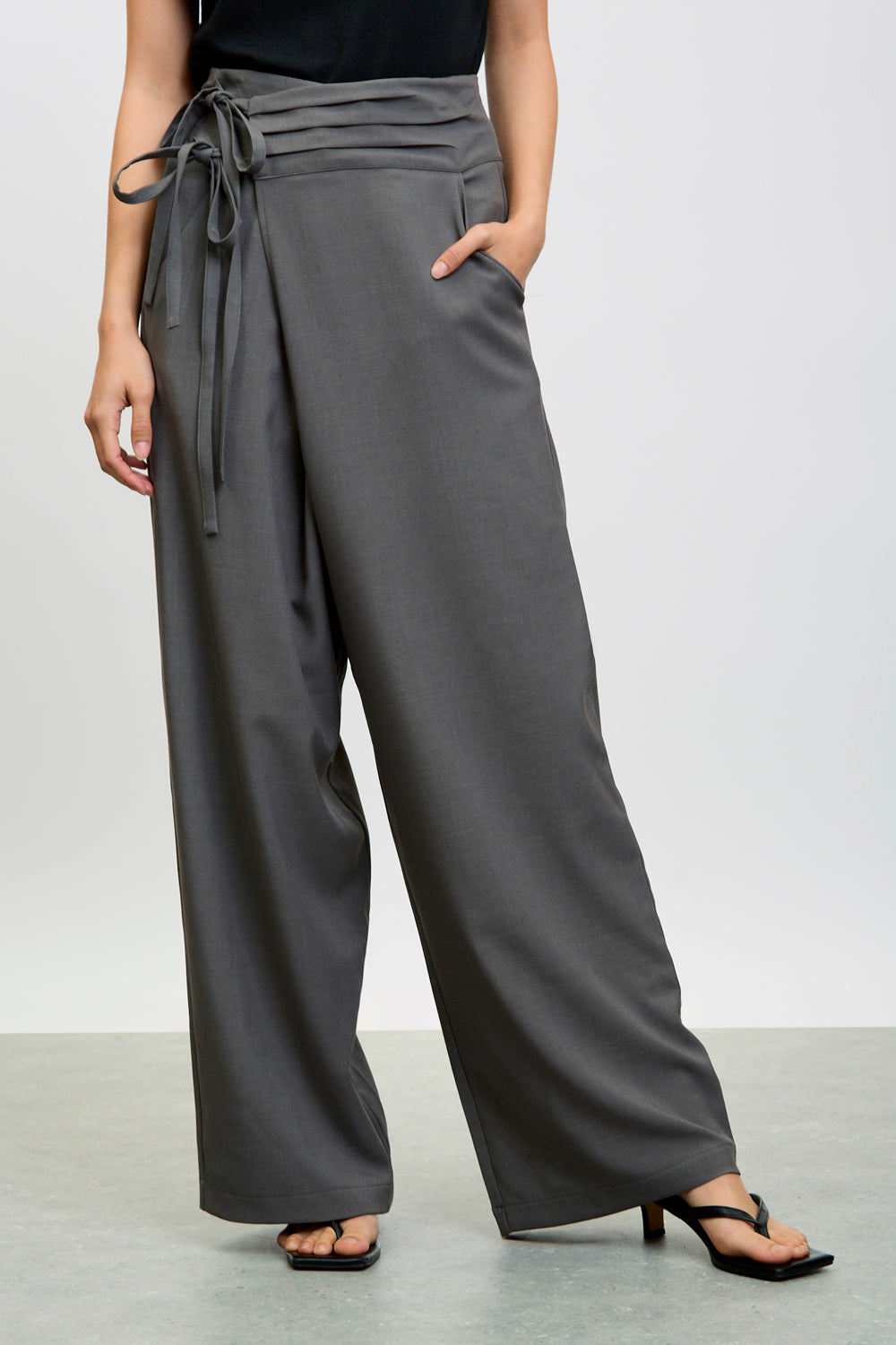 Charcoal asymmetric tie up trousers_1