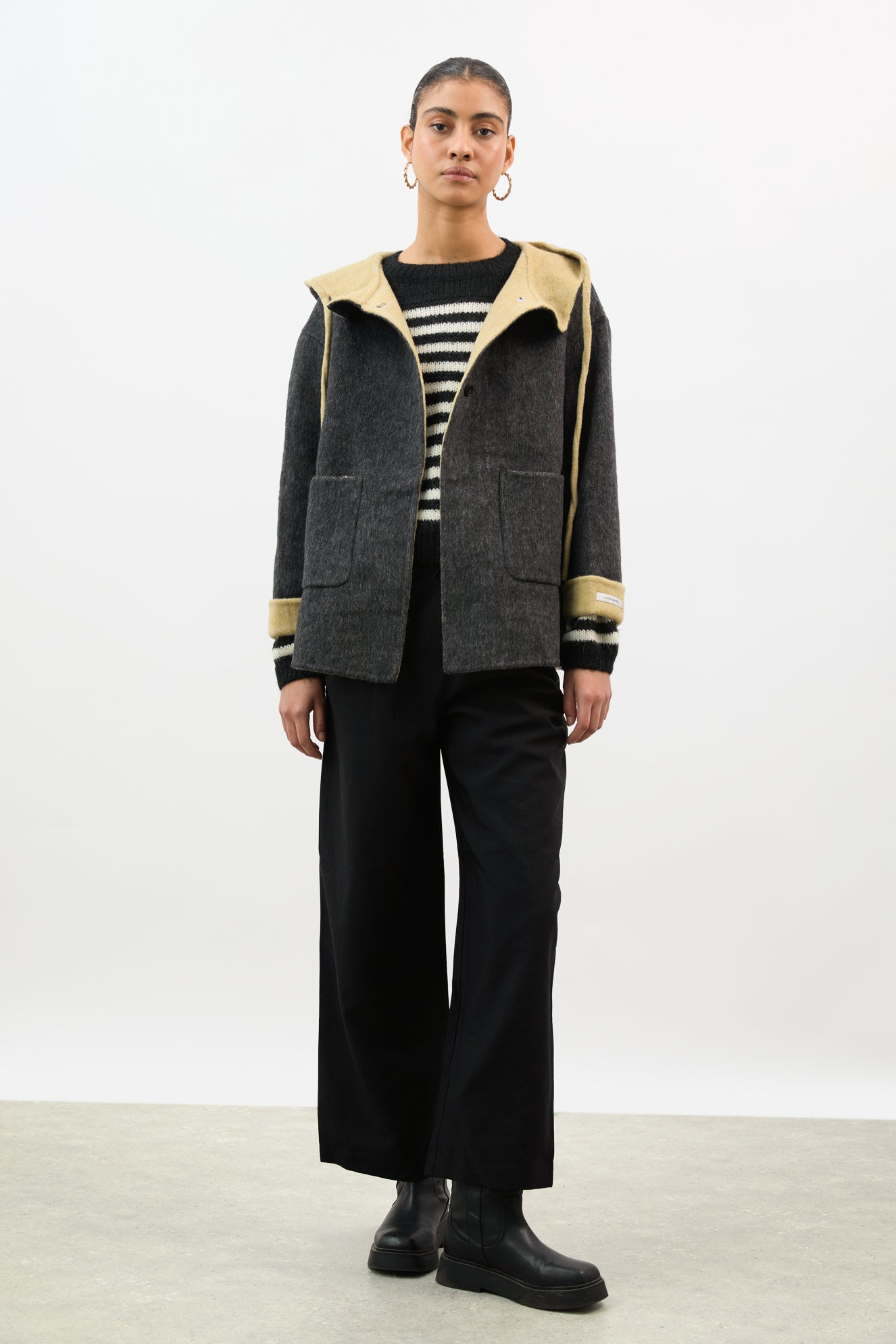 Charcoal grey and yellow wool blend hooded coat_5