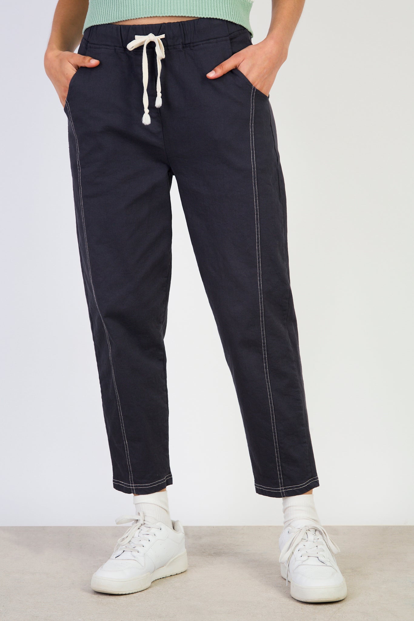 Charcoal grey contrast stitch drawstring trousers_1