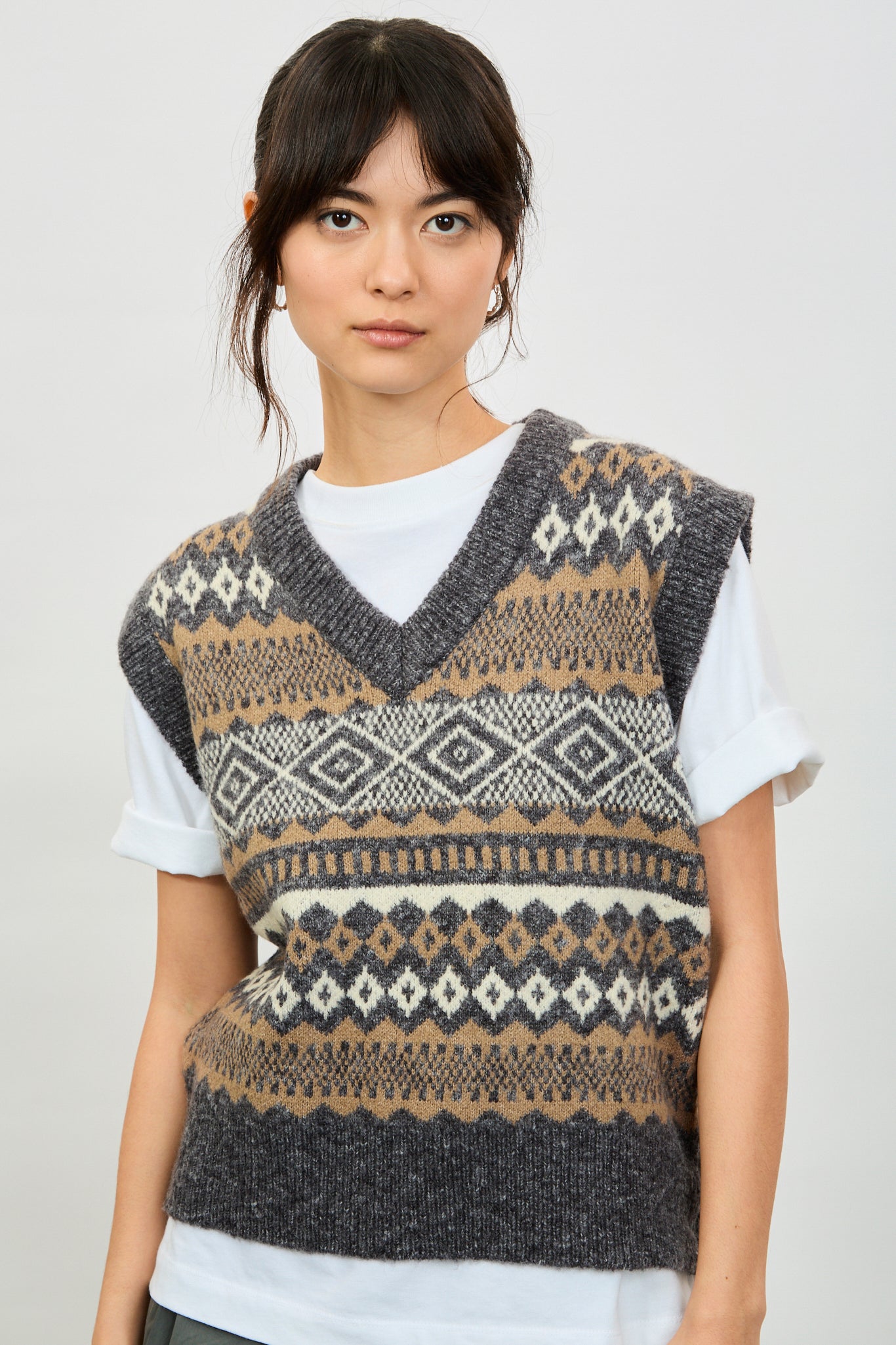 Charcoal ivory and beige Fair Isle vest_1
