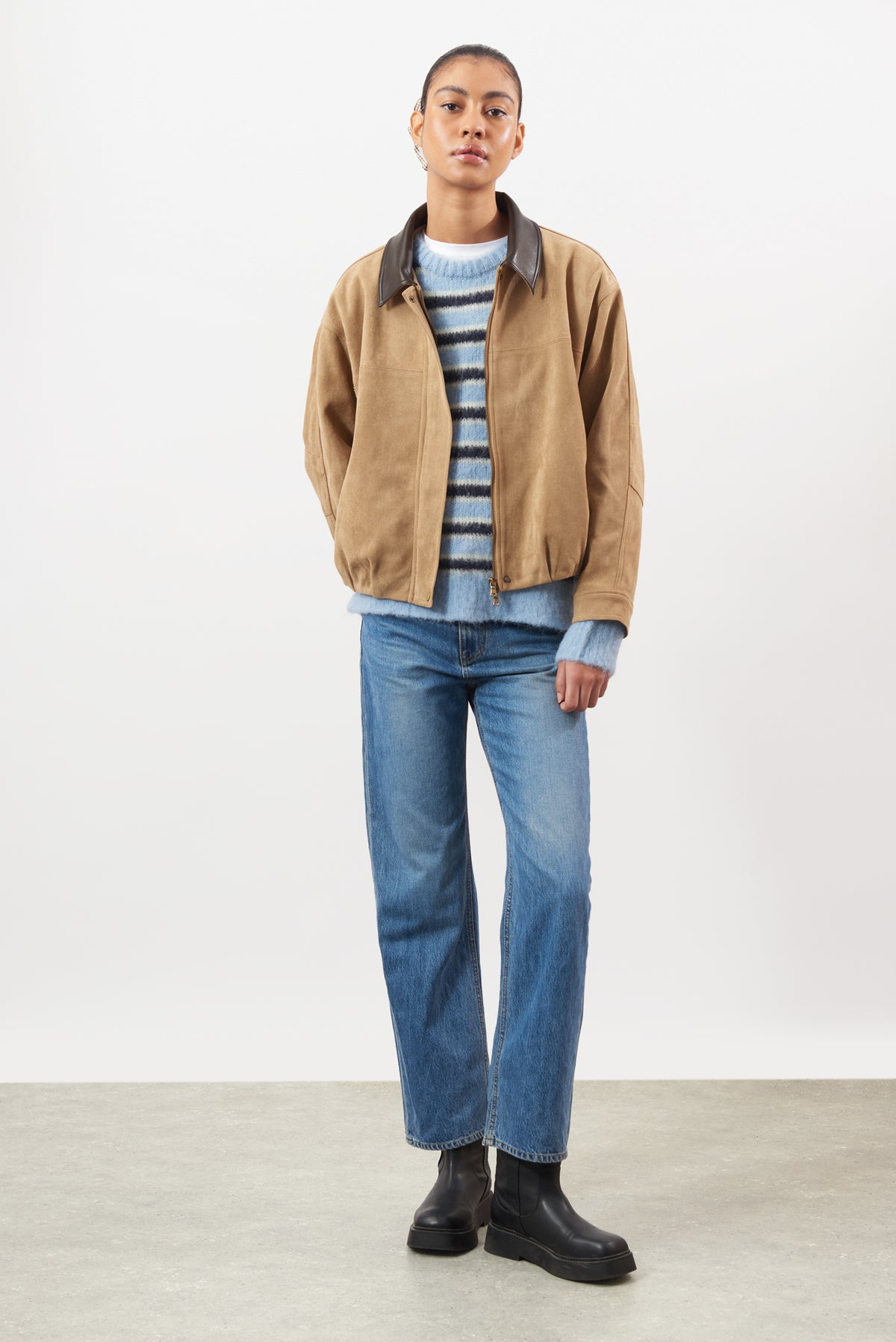 Chocolate brown suede vegan leather collar jacket_5