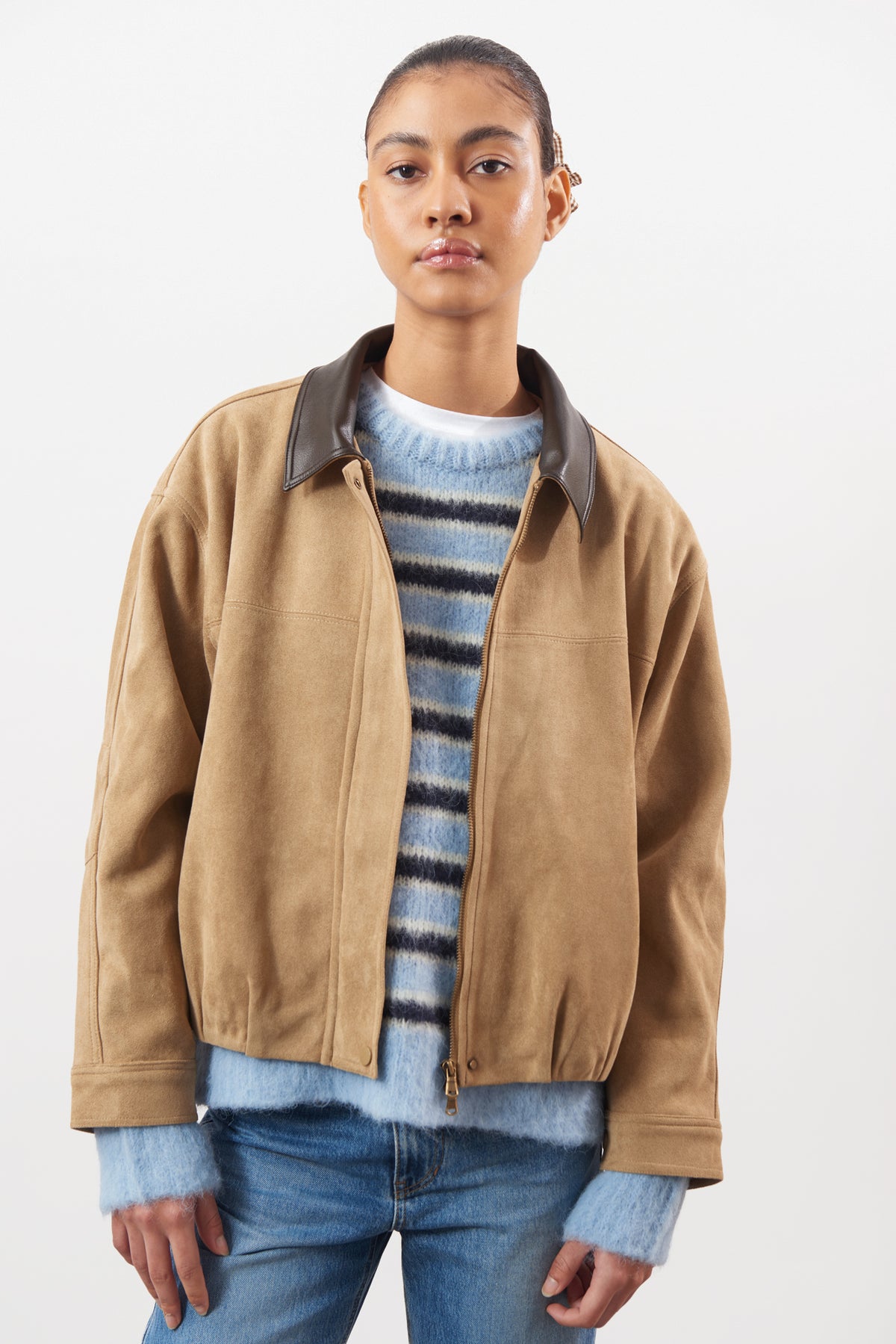 Chocolate brown suede vegan leather collar jacket_1