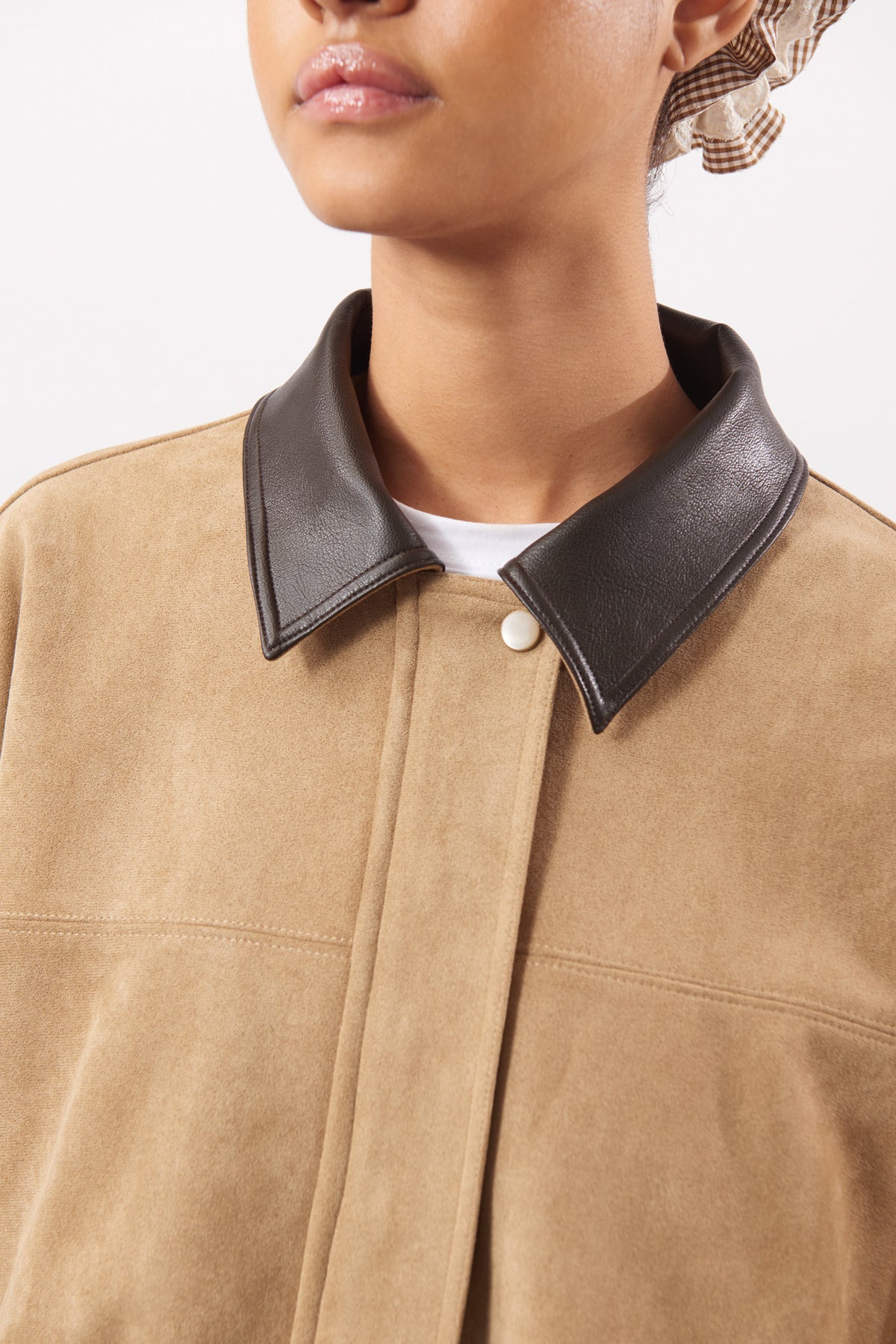 Chocolate brown suede vegan leather collar jacket_4