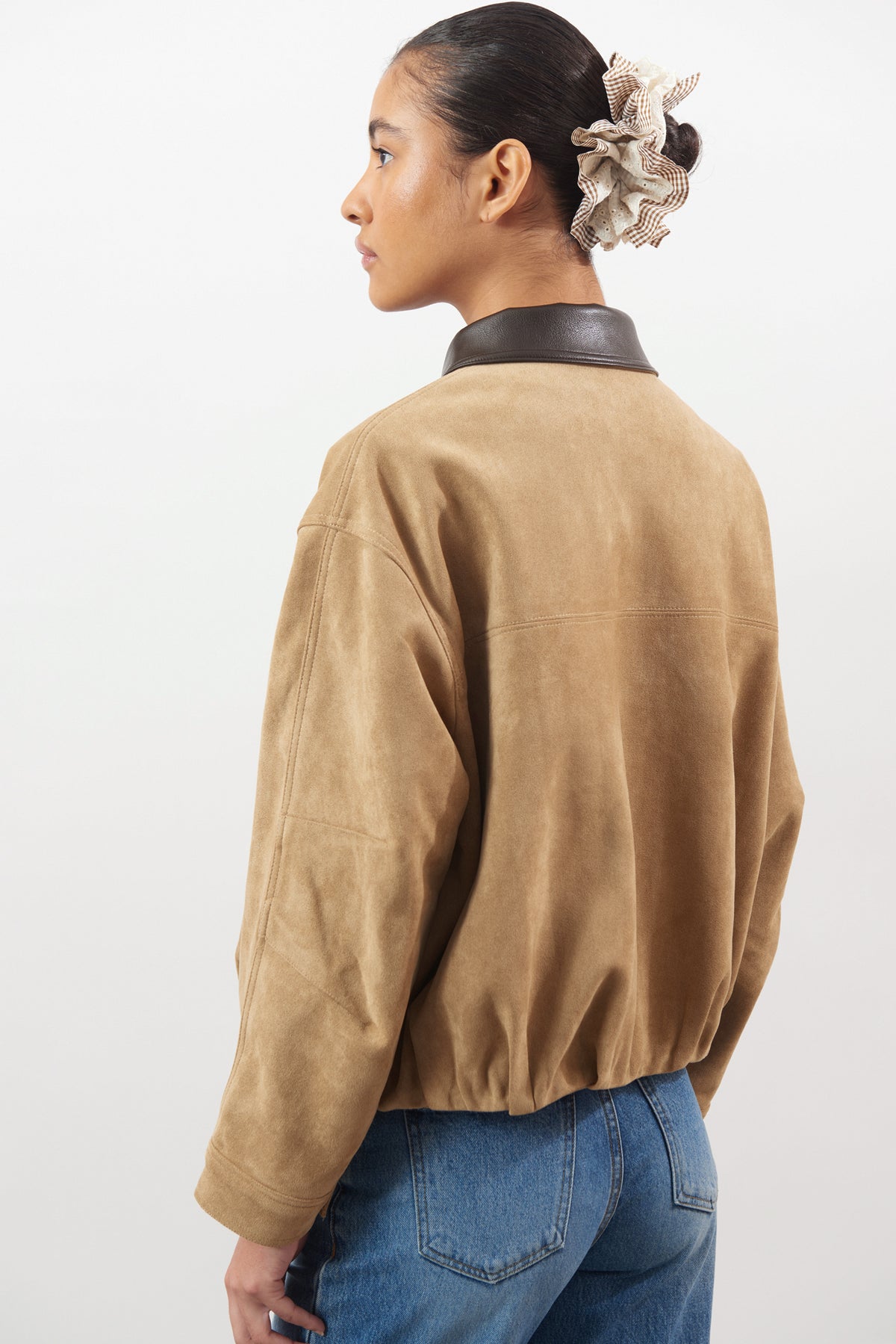 Chocolate brown suede vegan leather collar jacket_3