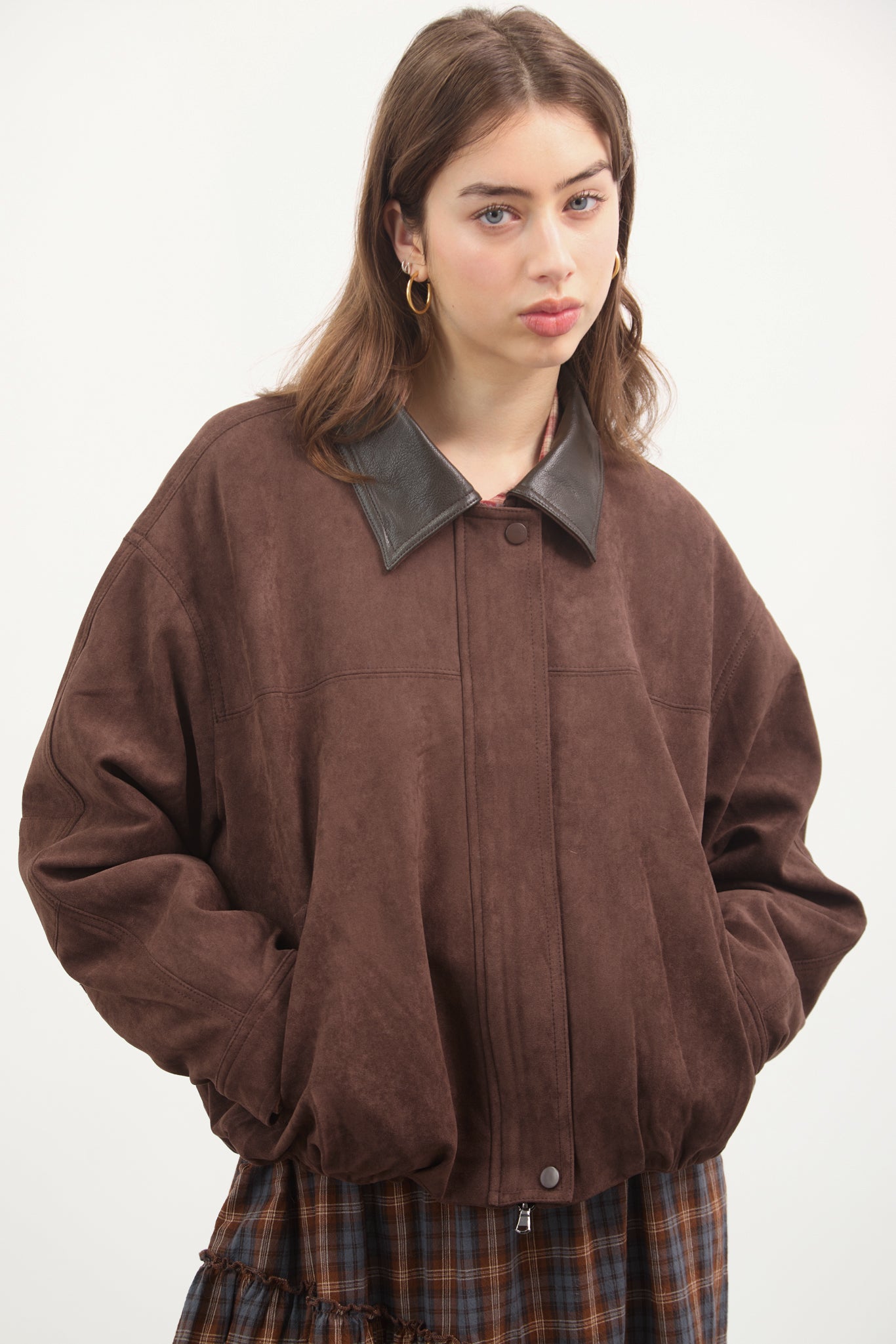 Chocolate brown suede vegan leather collar jacket_1