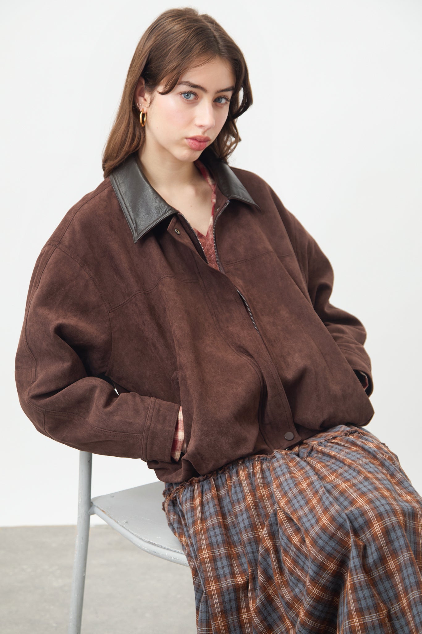 Chocolate brown suede vegan leather collar jacket_5