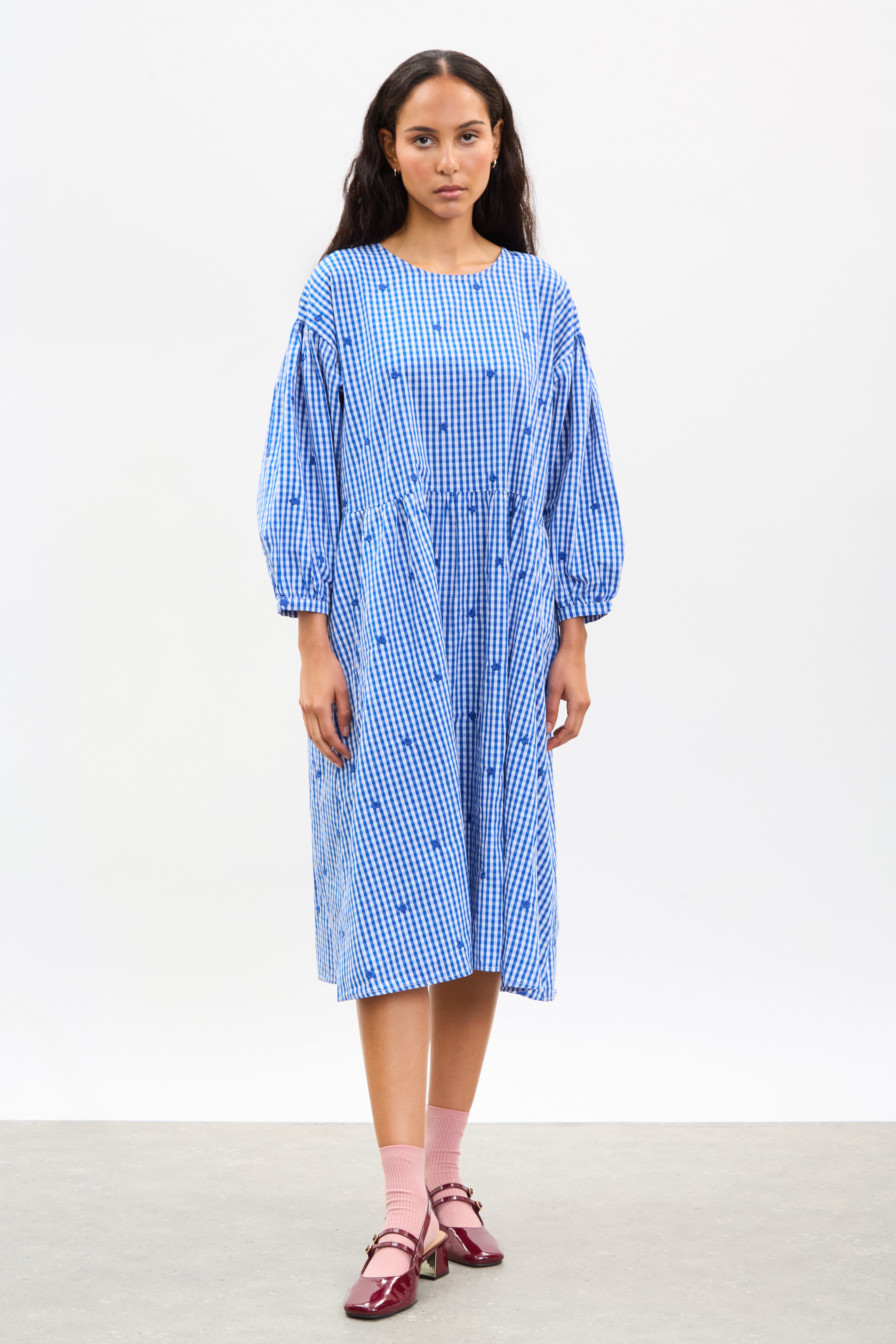 Cobalt blue and ivory gingham embroidered flower dress_2