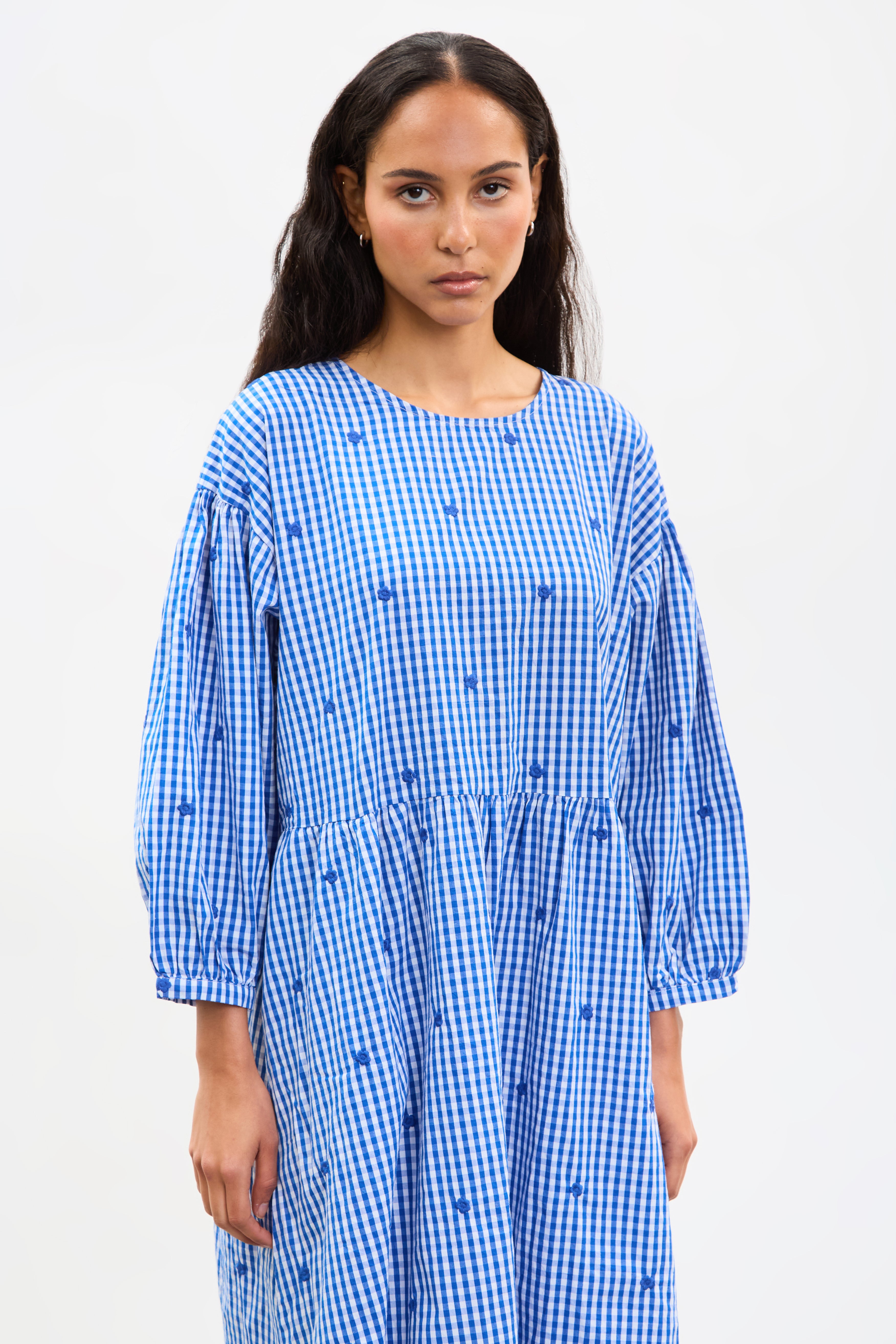Cobalt blue and ivory gingham embroidered flower dress_4
