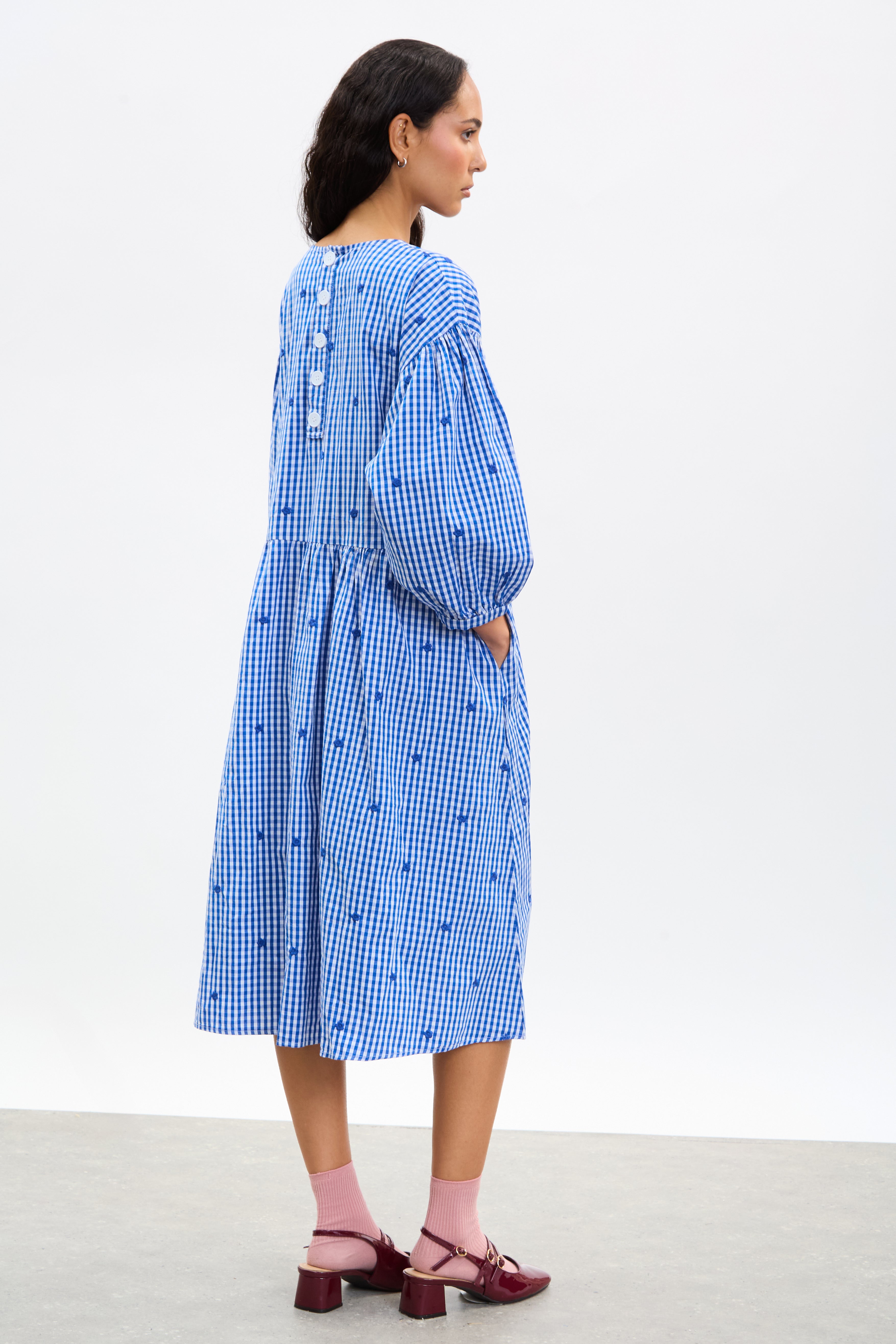 Cobalt blue and ivory gingham embroidered flower dress_3