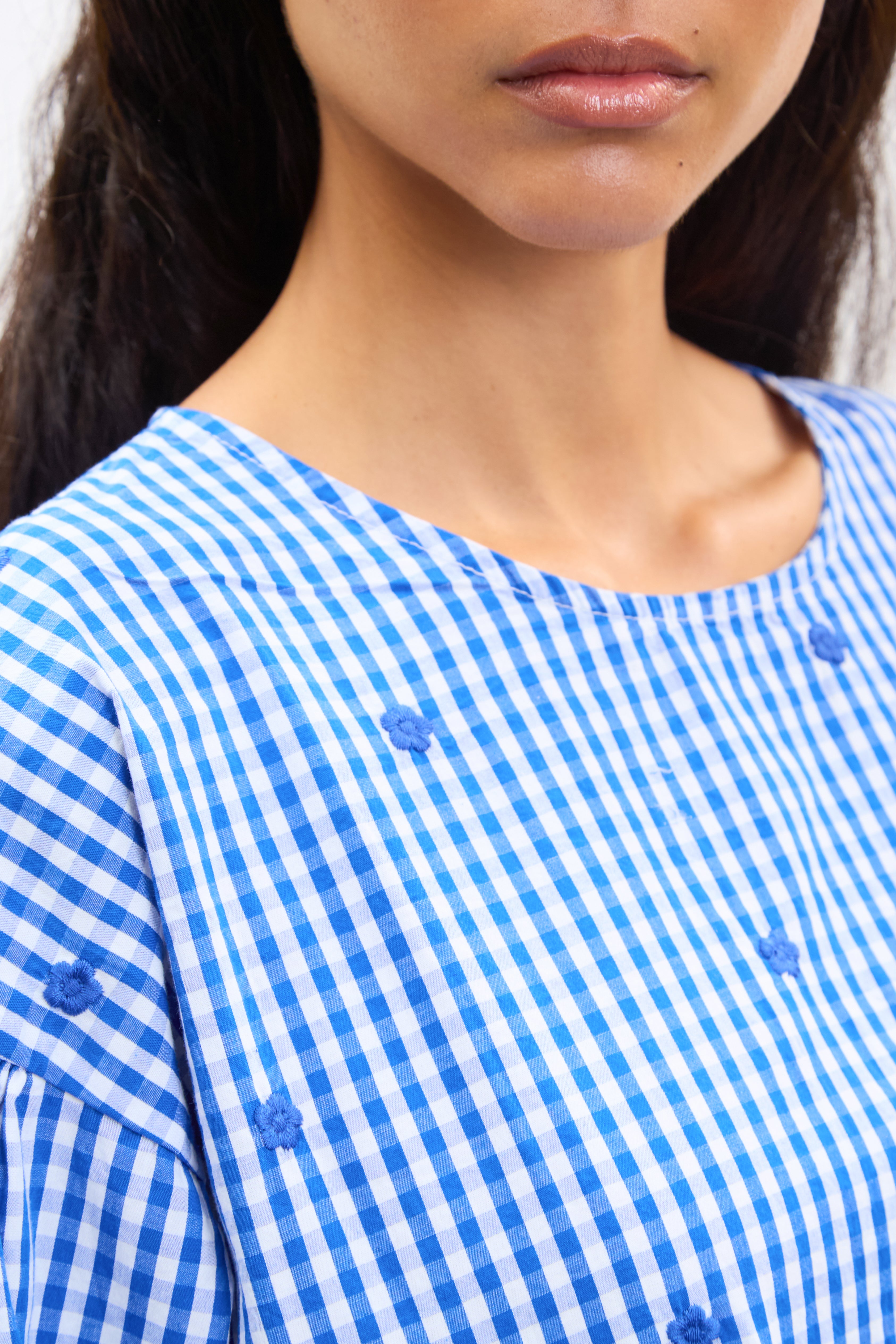 Cobalt blue and ivory gingham embroidered flower dress_5
