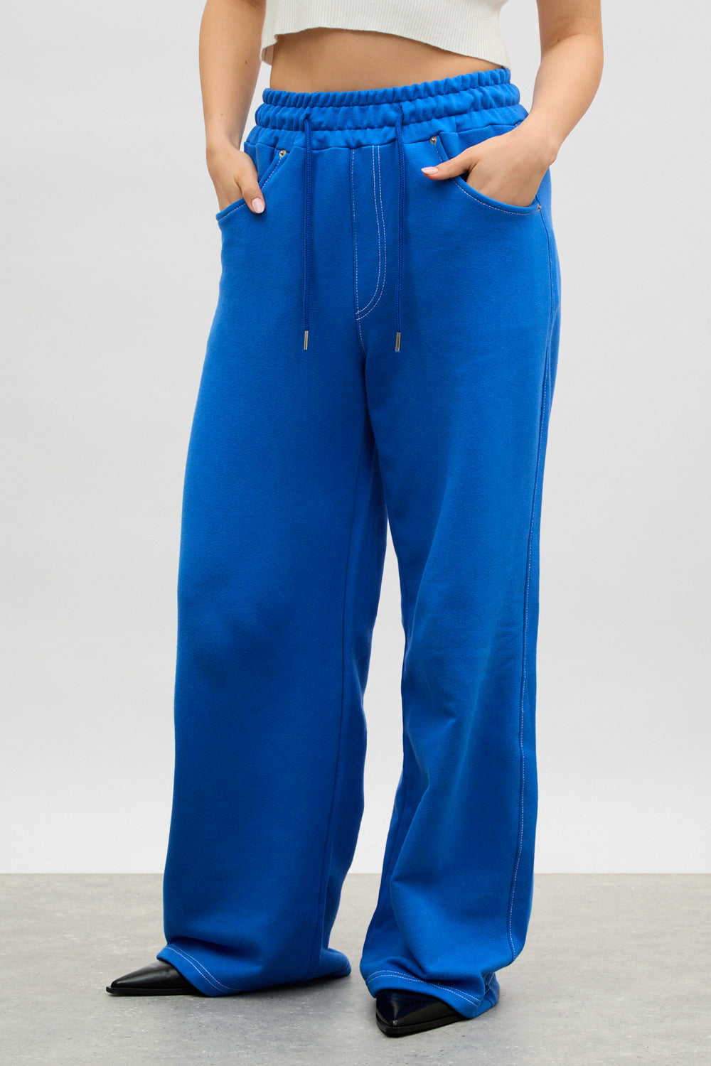 Cobalt blue contrast stitch wide leg sweat pants_1