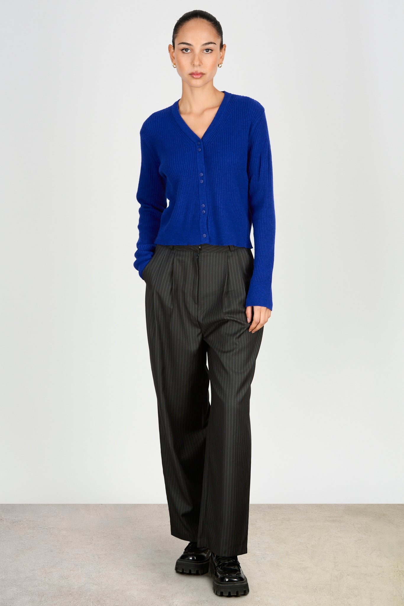 Cobalt blue staggered double button cardigan_5