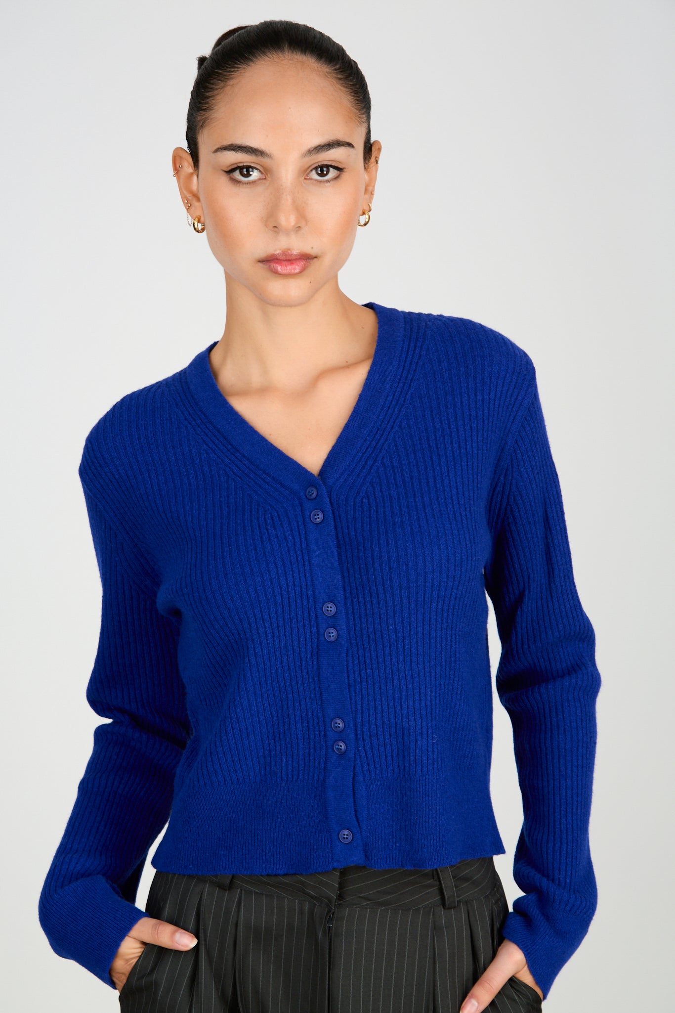 Cobalt blue staggered double button cardigan_1