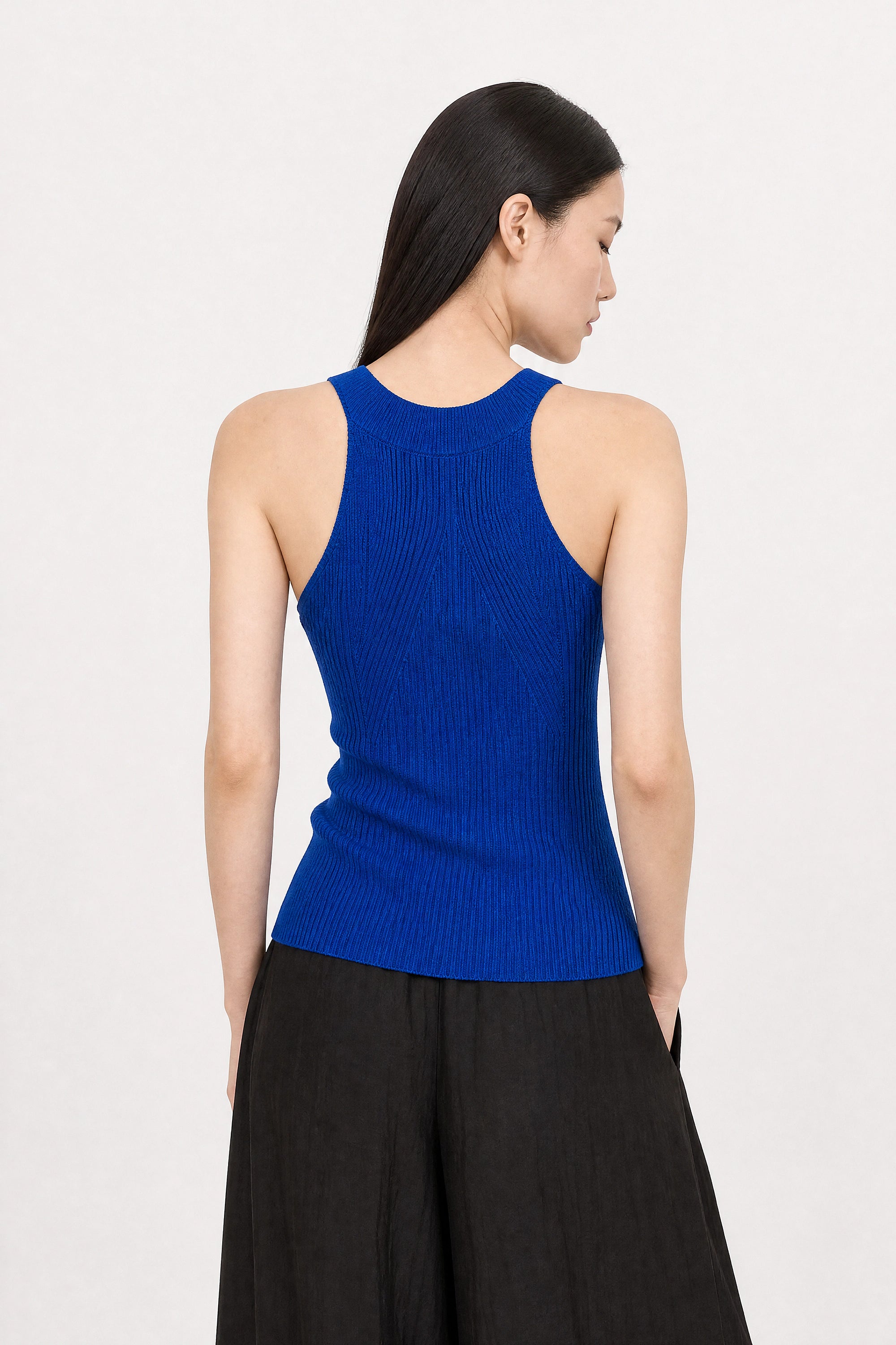 Cobalt blue thin ribbed halter neck knit tank_3