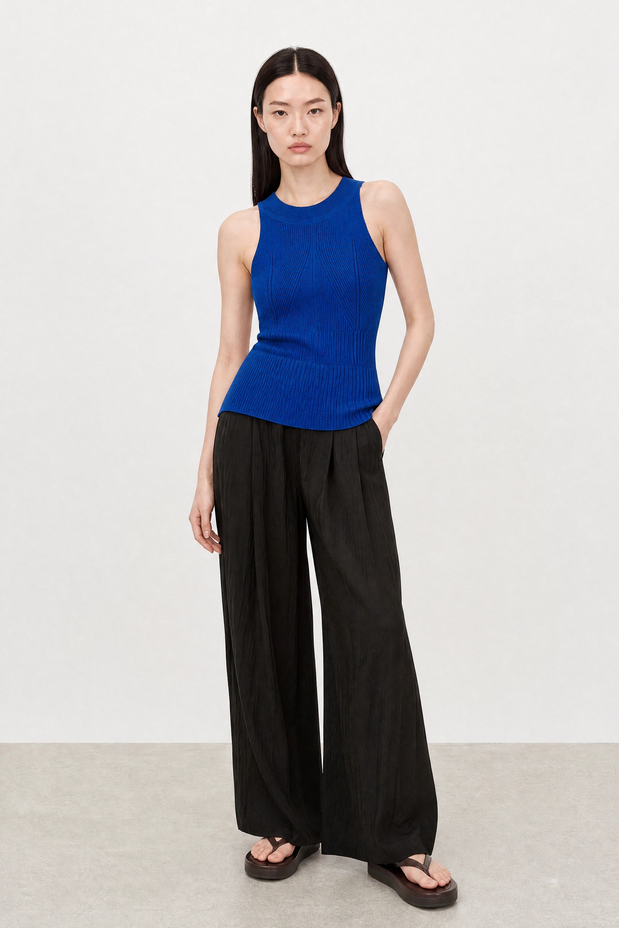 Cobalt blue thin ribbed halter neck knit tank_5