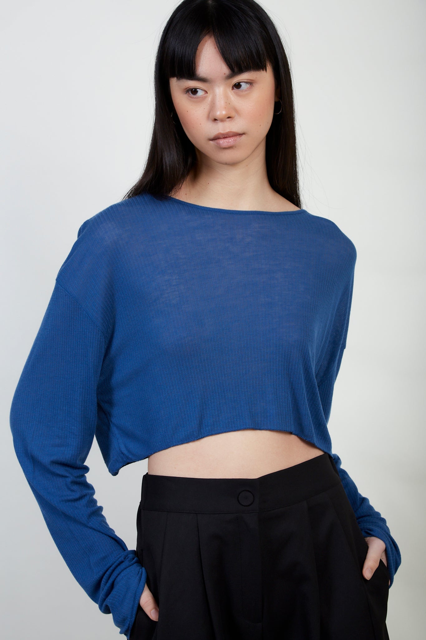 Cobalt ribbed semi sheer top_1