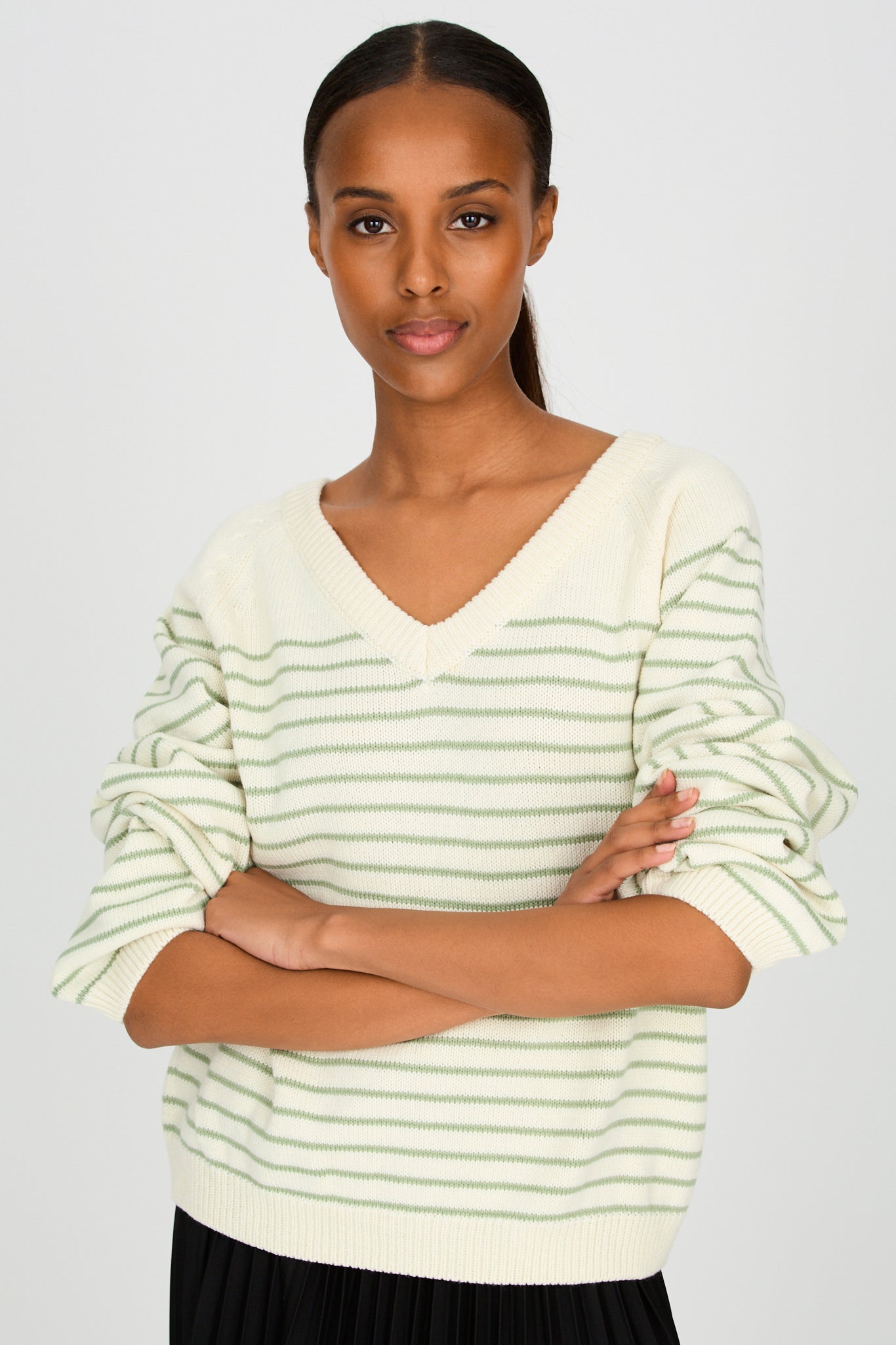 Cream and sage green striped V neck jumper_2