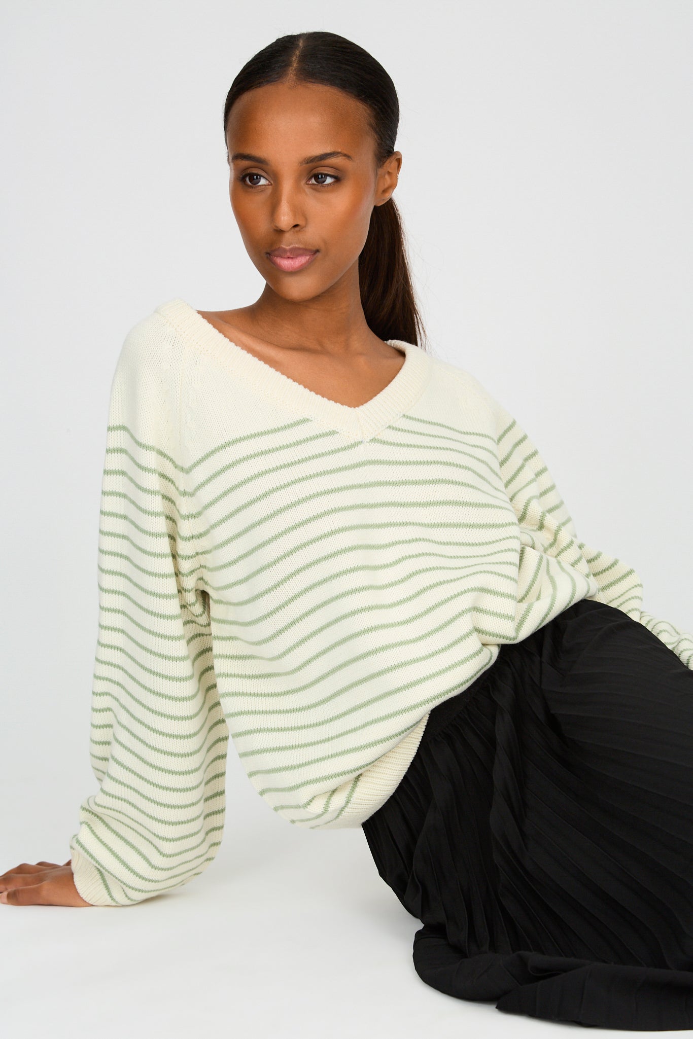 Cream and sage green striped V neck jumper_1