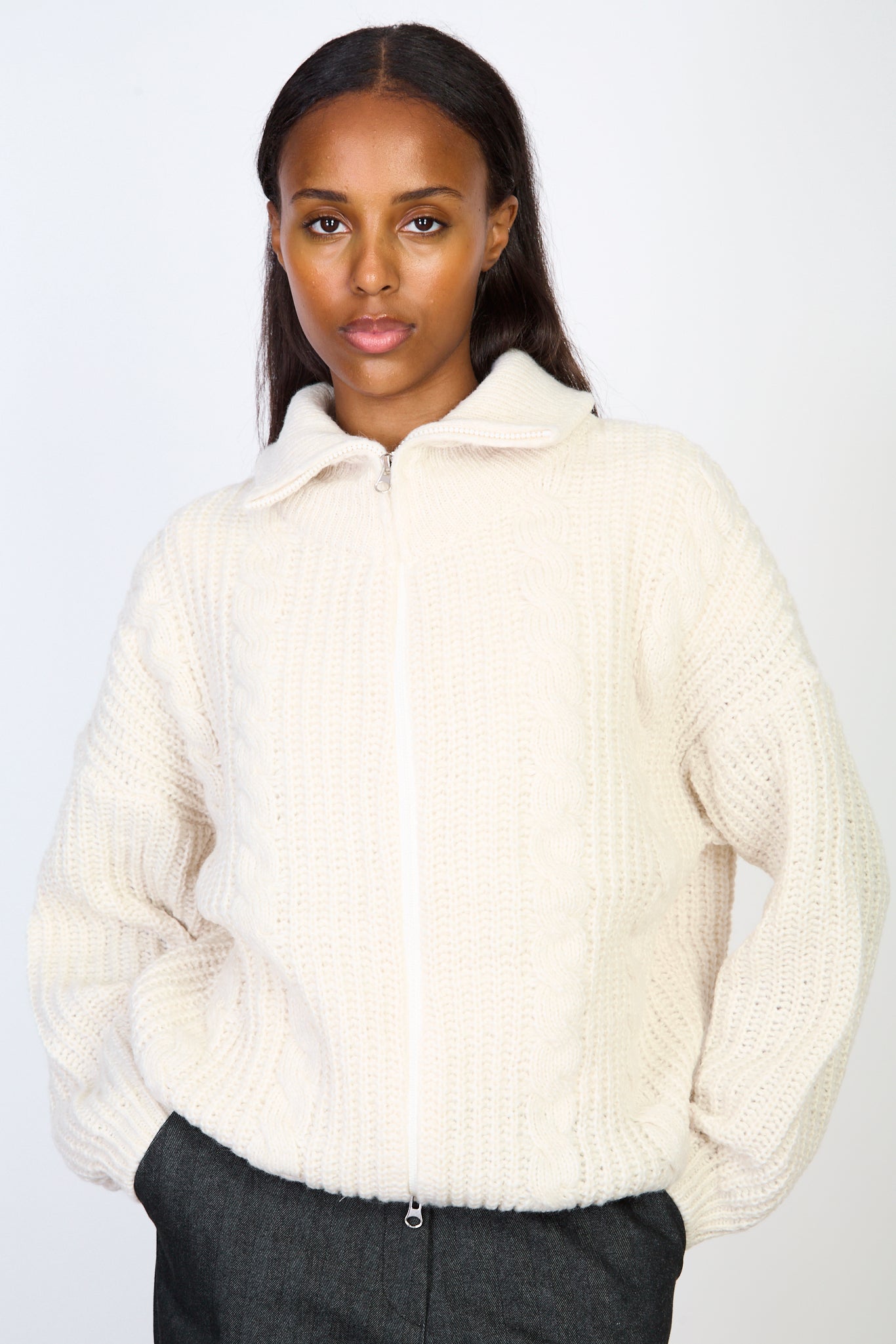 Cream cable knit relaxed fit zip cardigan_1