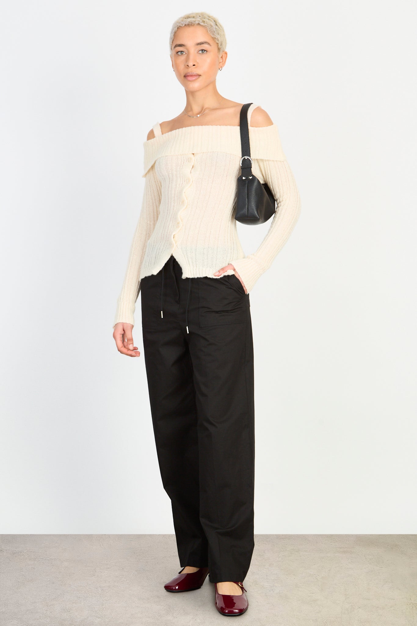 Cream mix rib strapped off shoulder knit top_4