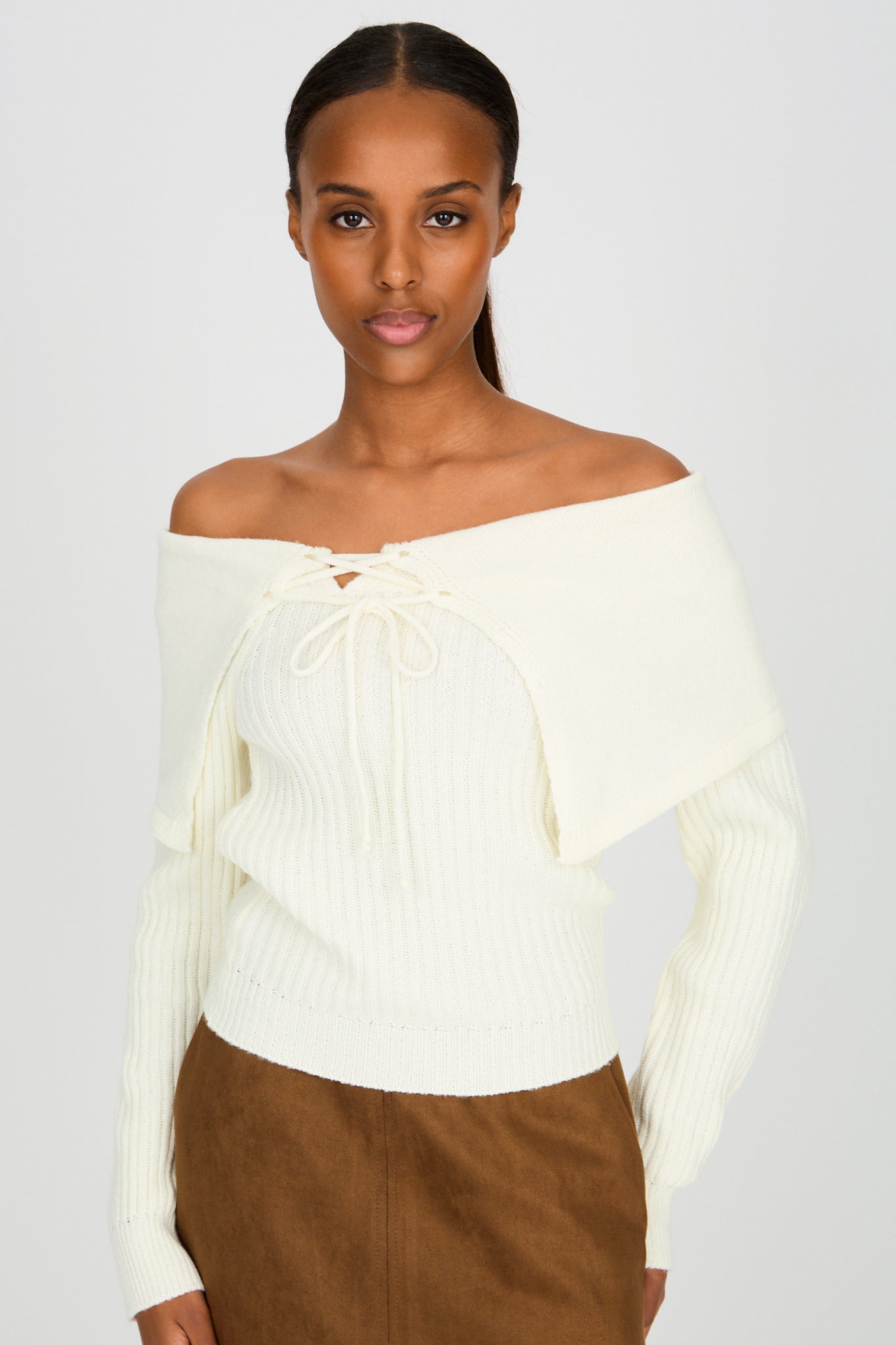 Cream off shoulder lace up detail knit top_1