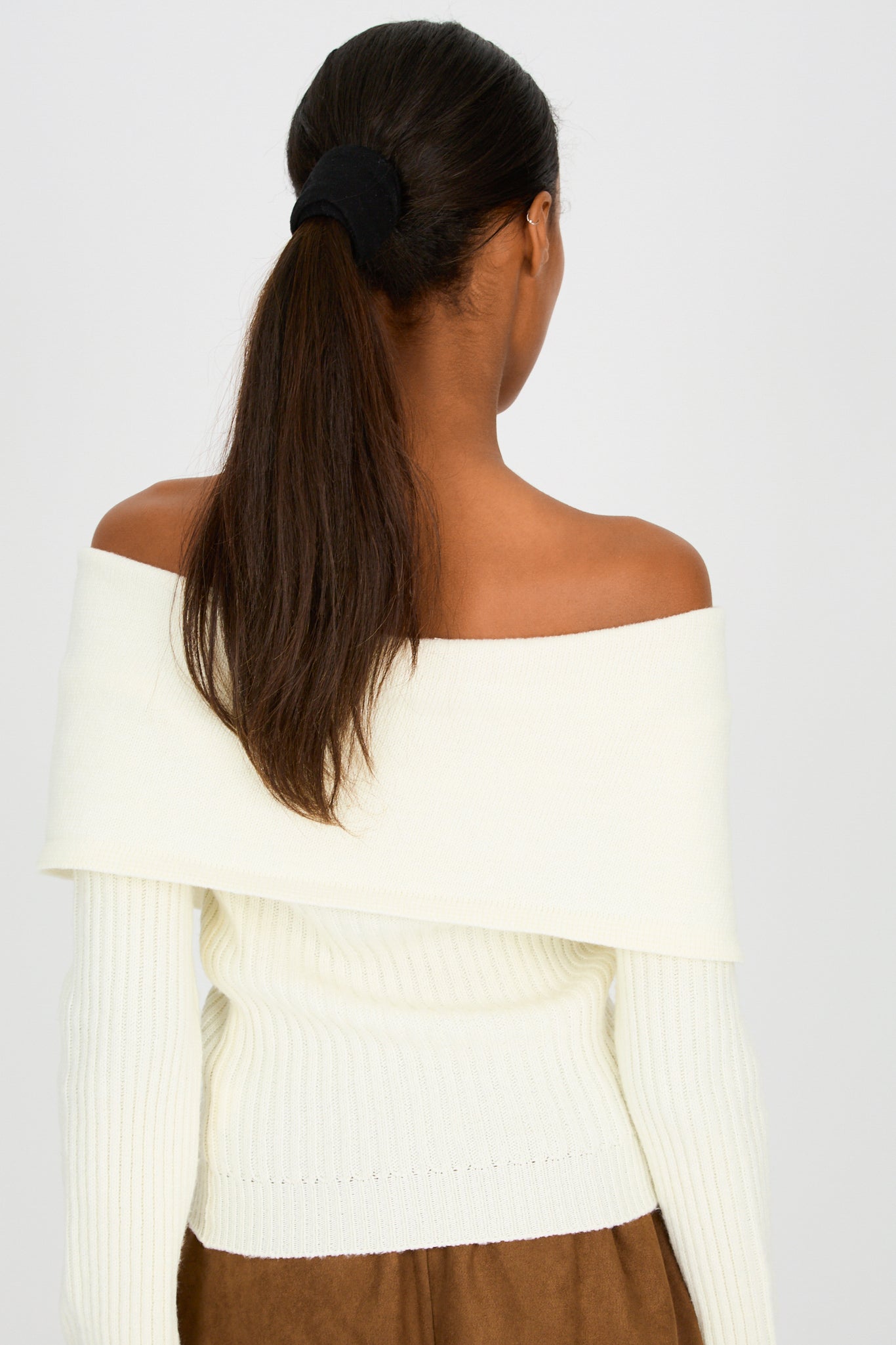 Cream off shoulder lace up detail knit top_2