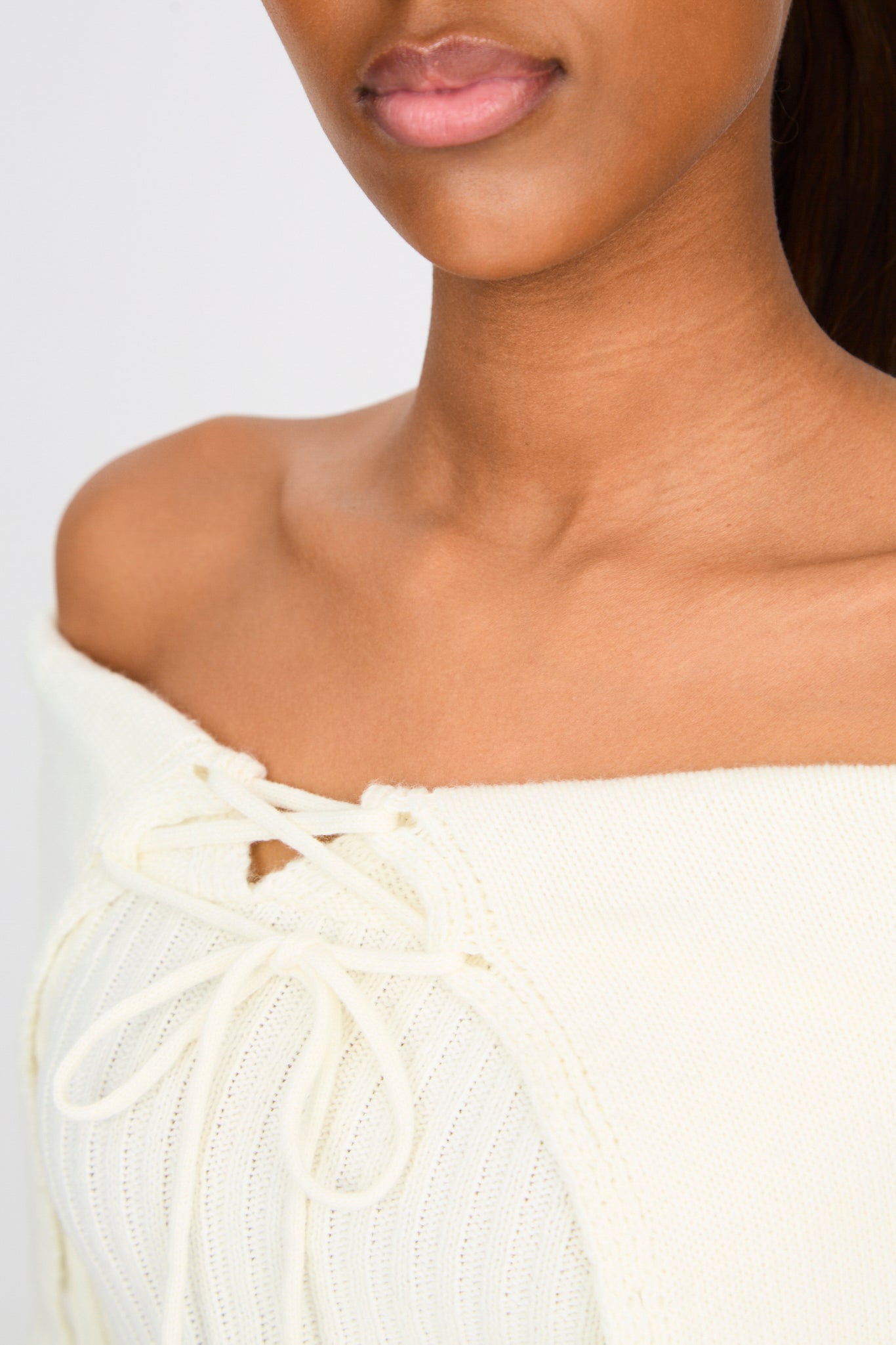 Cream off shoulder lace up detail knit top_3