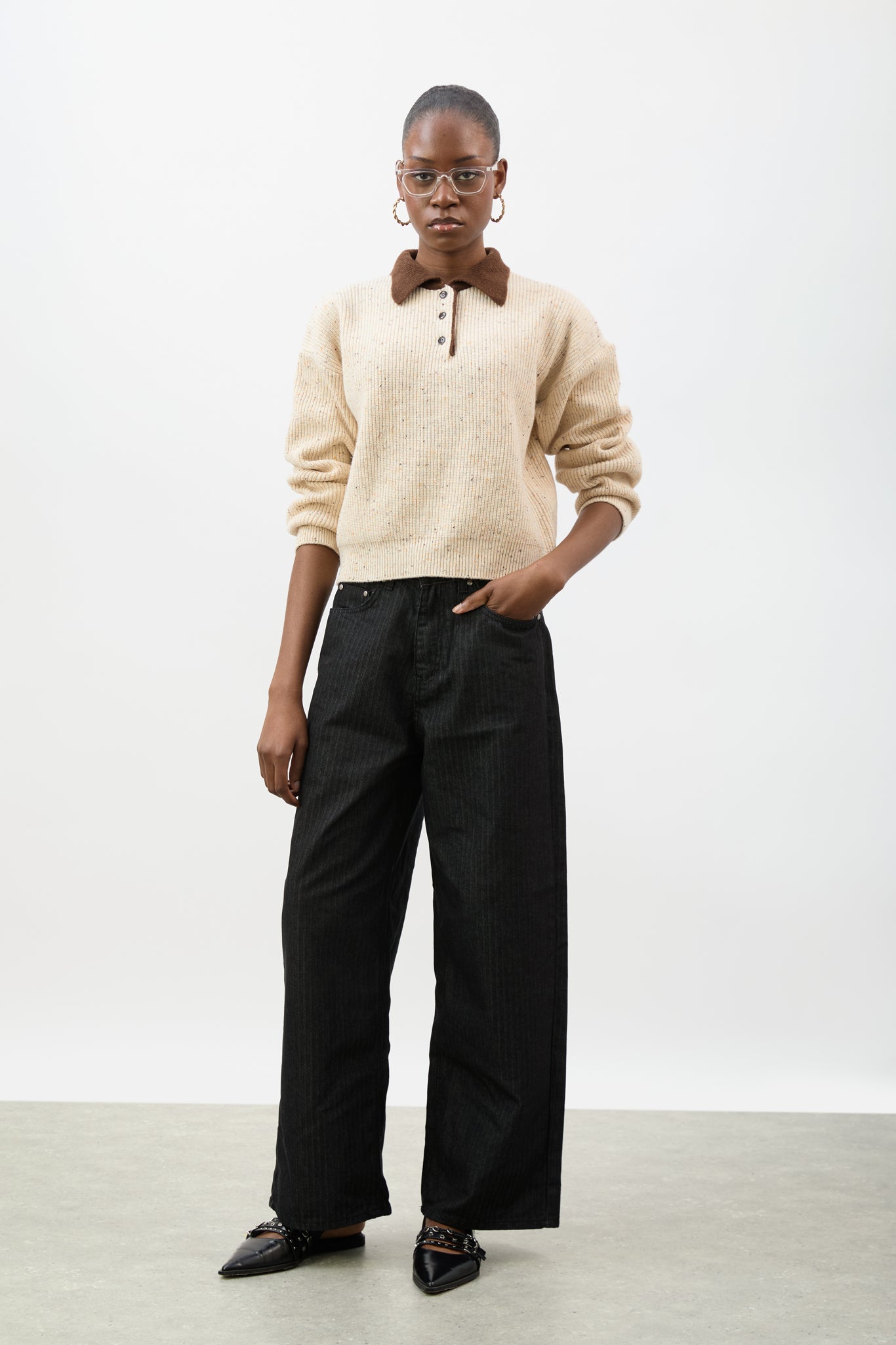 Cream speckled wool blend contrast collared jumper_4