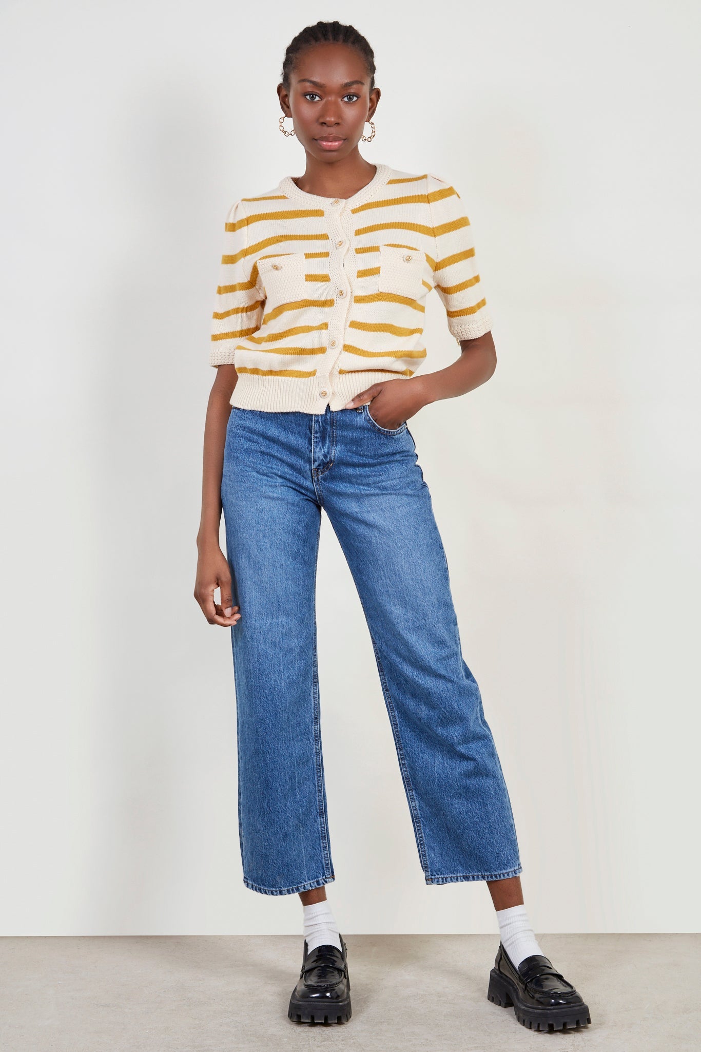 Cream and mustard striped short sleeved cardigan_3