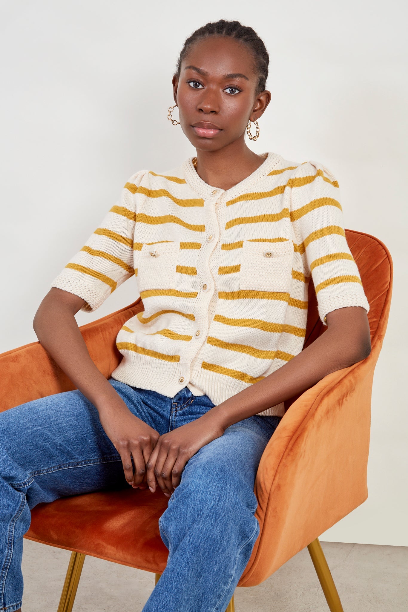 Cream and mustard striped short sleeved cardigan_5