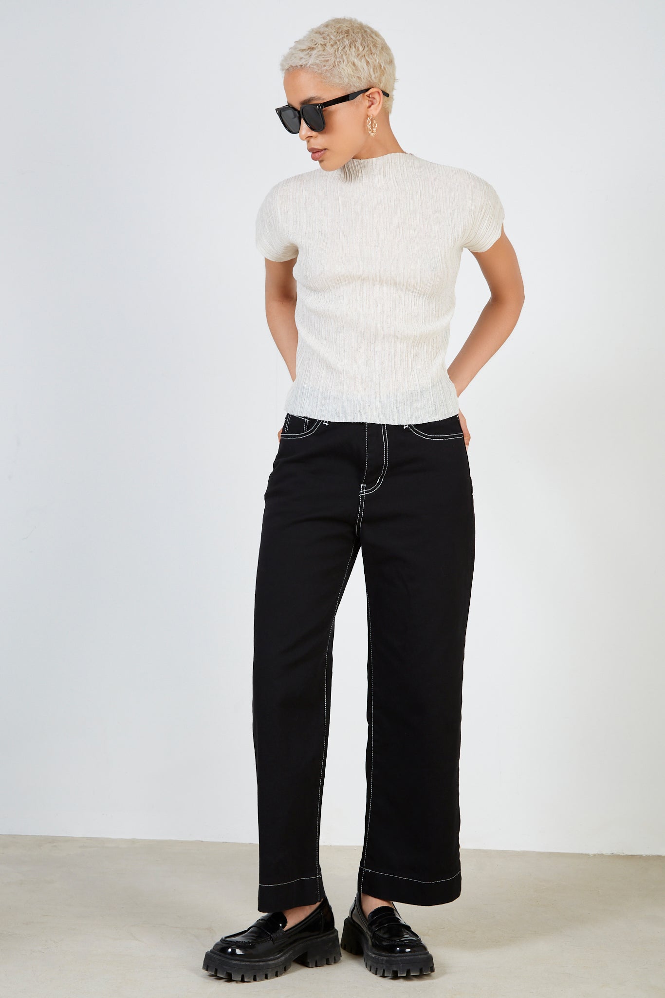 Cream pleat ribbed short sleeved top_4