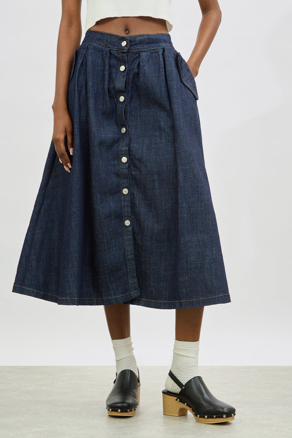 Dark blue denim button front skirt_1