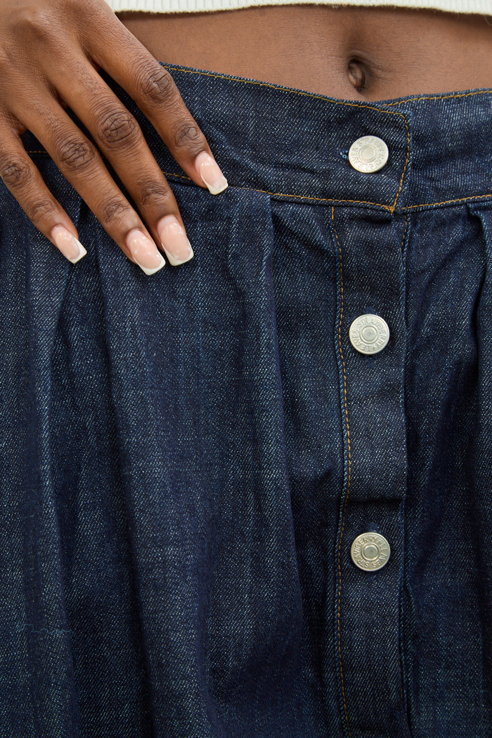 Dark blue denim button front skirt_3
