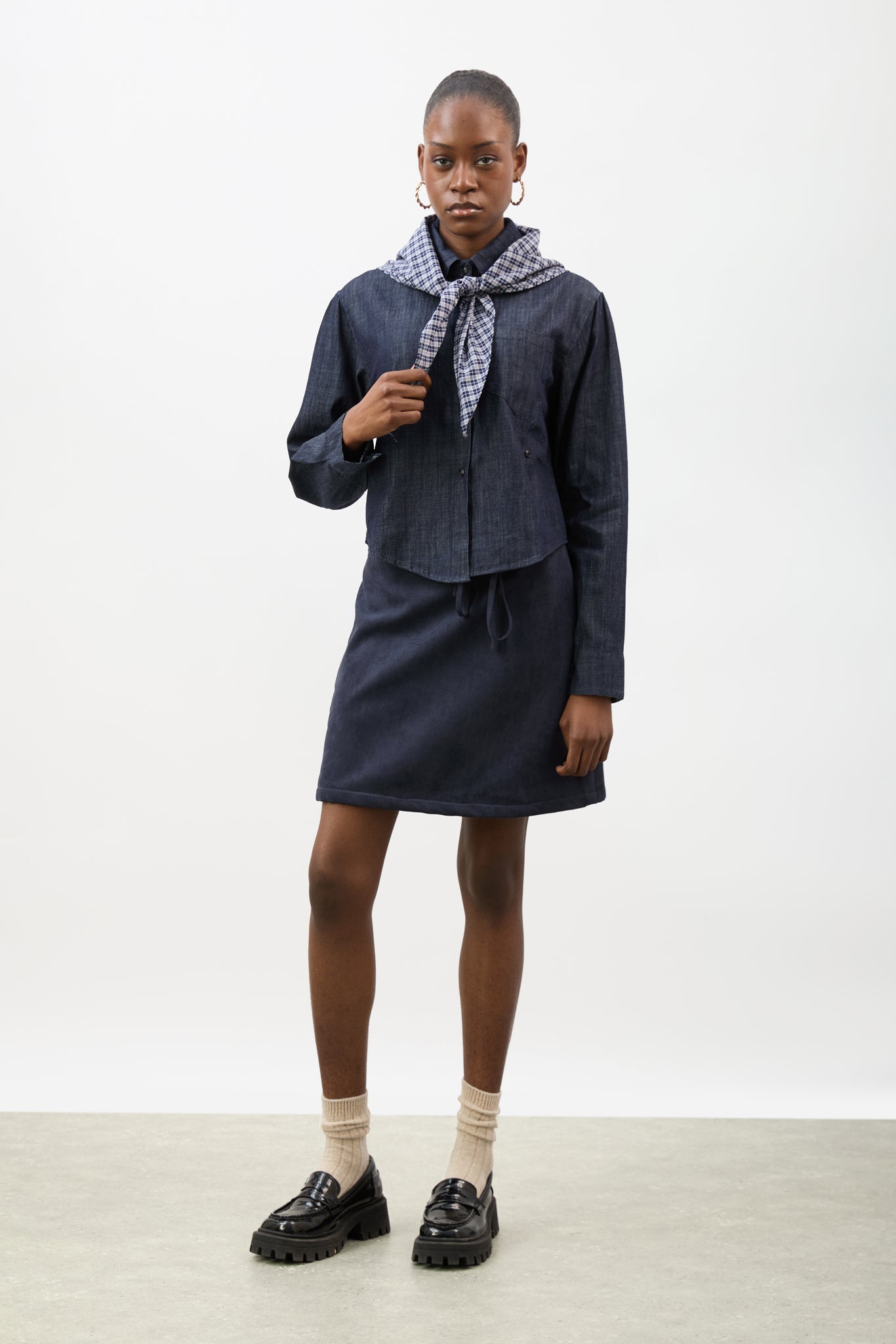 Dark blue denim checked cuff shirt with checked scarf_5