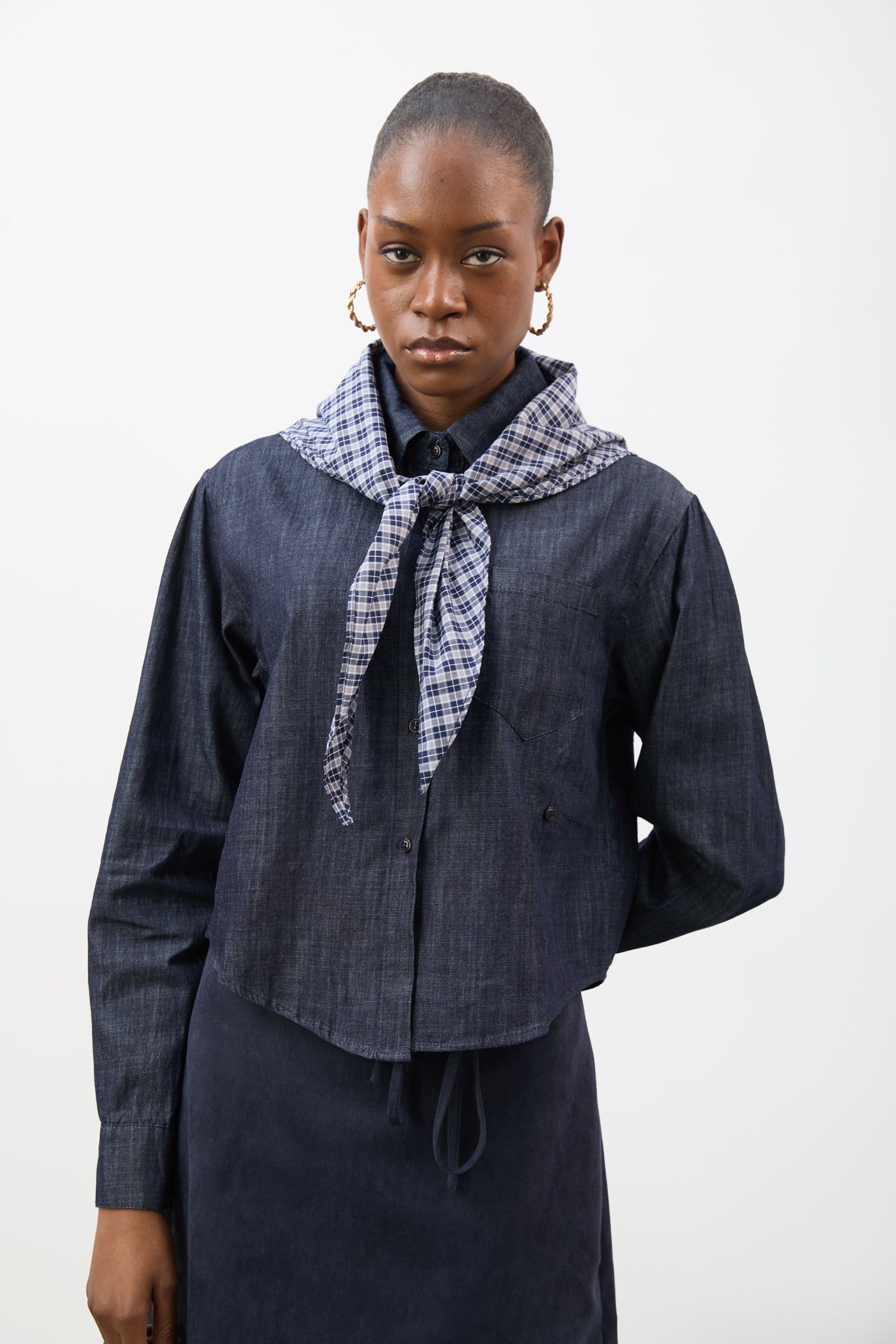 Dark blue denim checked cuff shirt with checked scarf_2