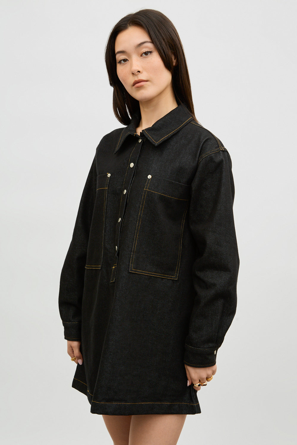 Dark blue denim contrast stitch mini dress_2