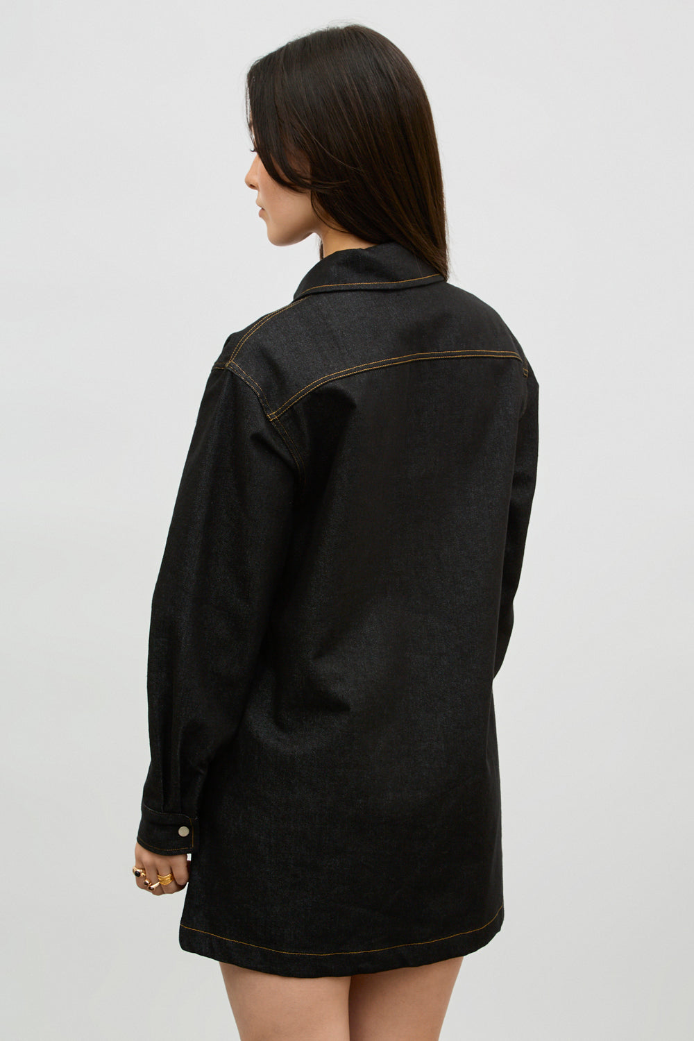 Dark blue denim contrast stitch mini dress_3