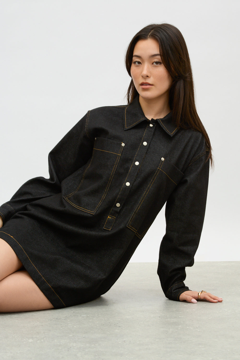 Dark blue denim contrast stitch mini dress_5