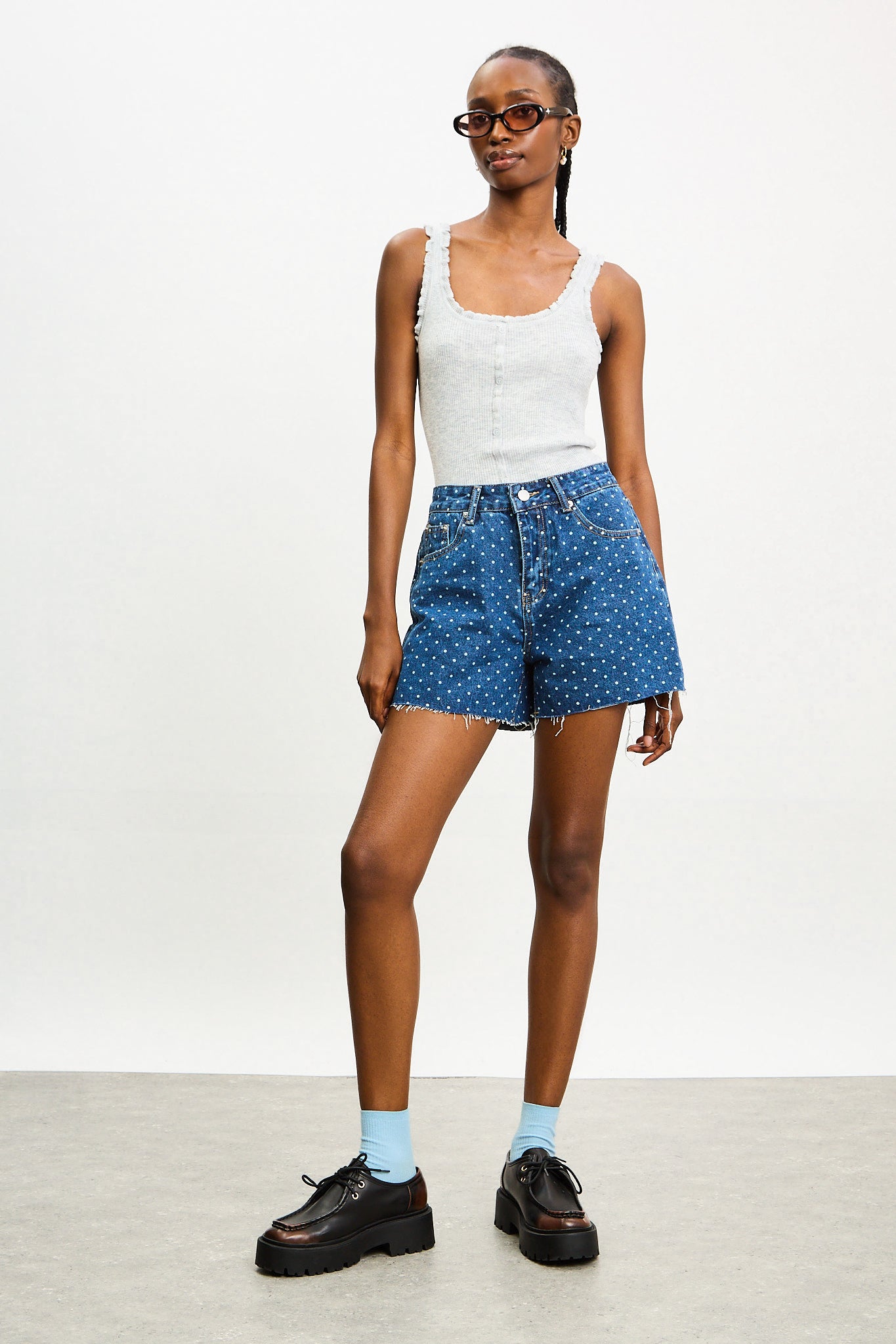 Dark blue denim polka dot shorts_4