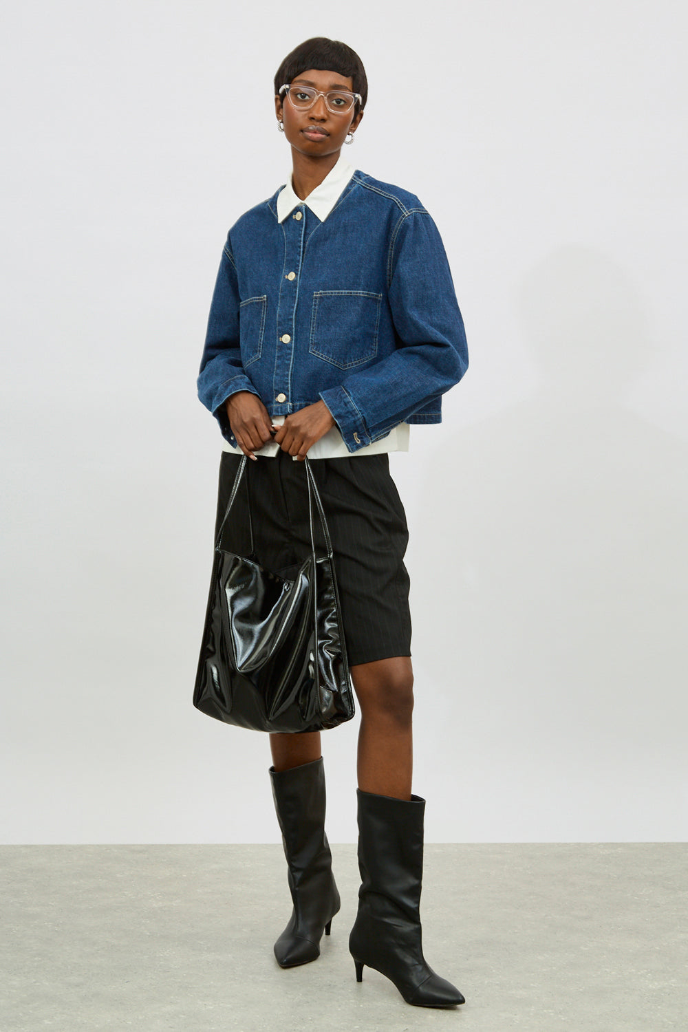 Dark blue denim round neck jacket_5