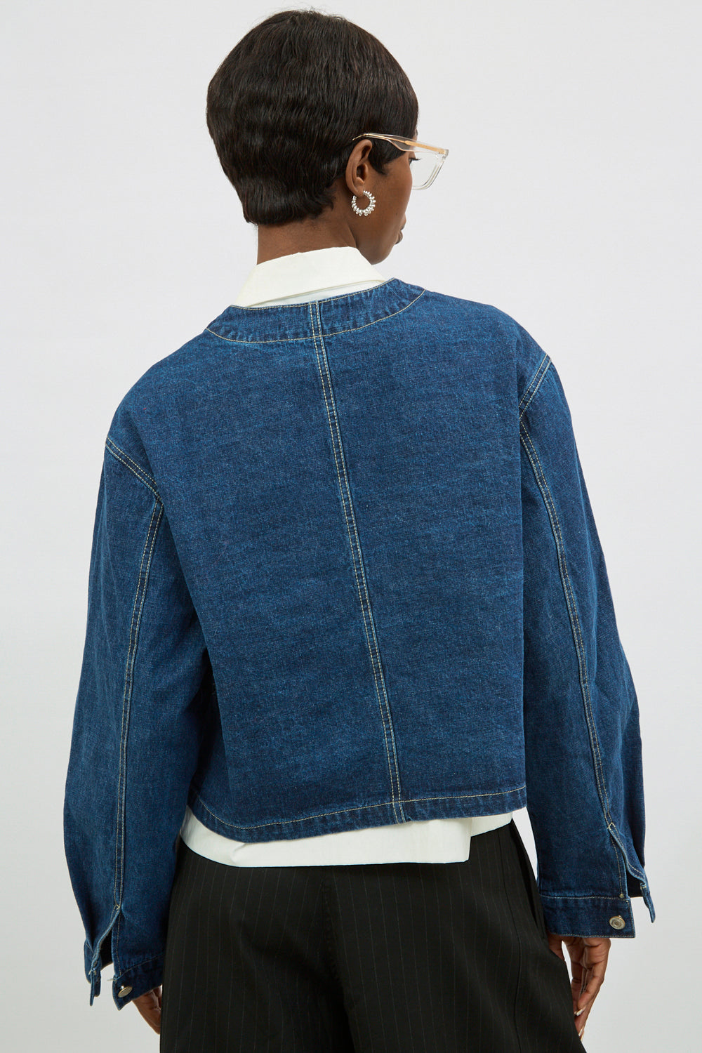 Dark blue denim round neck jacket_3